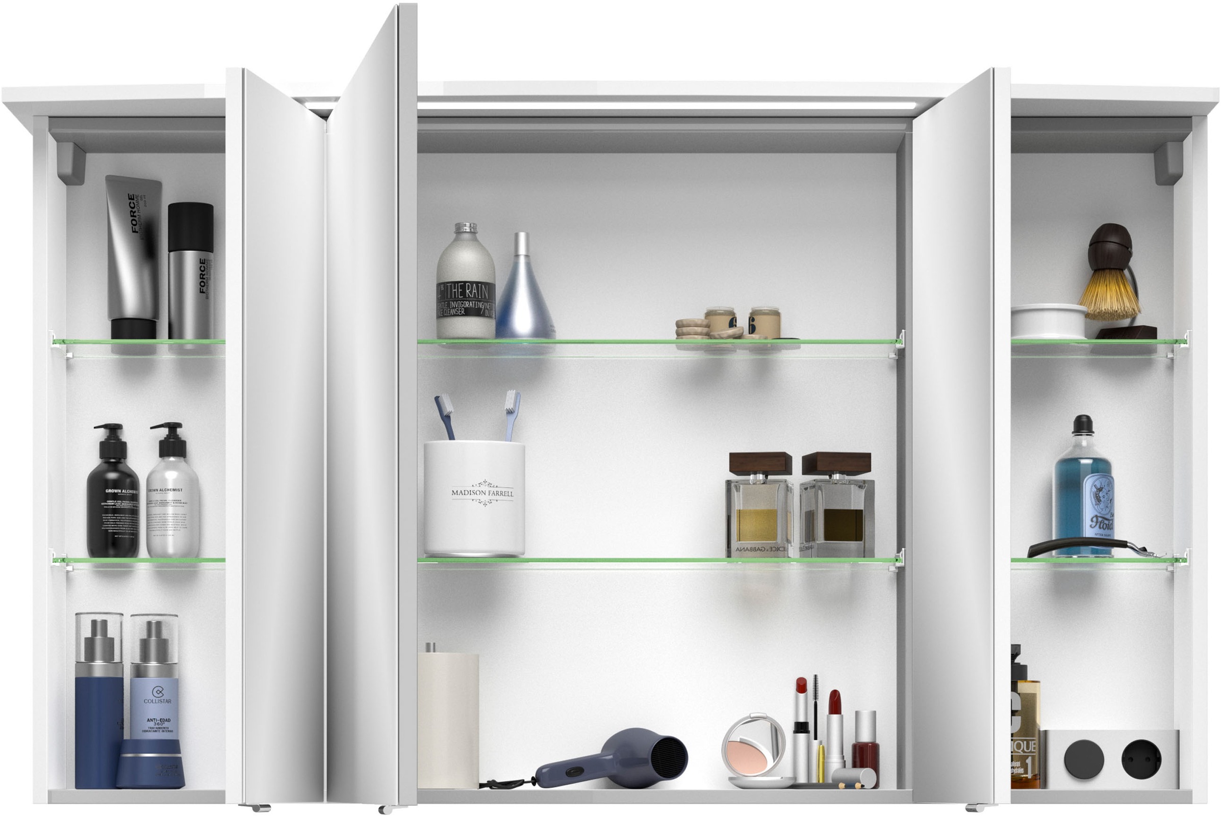 Saphir Badezimmerspiegelschrank »Serie 4010 Badezimmer-Spiegelschrank inkl. LED-Beleuchtung im Kranz« Badschrank 142 cm breit, 3 Türen, 6 Glas-Einlegeböden, inkl Türdämpfer
