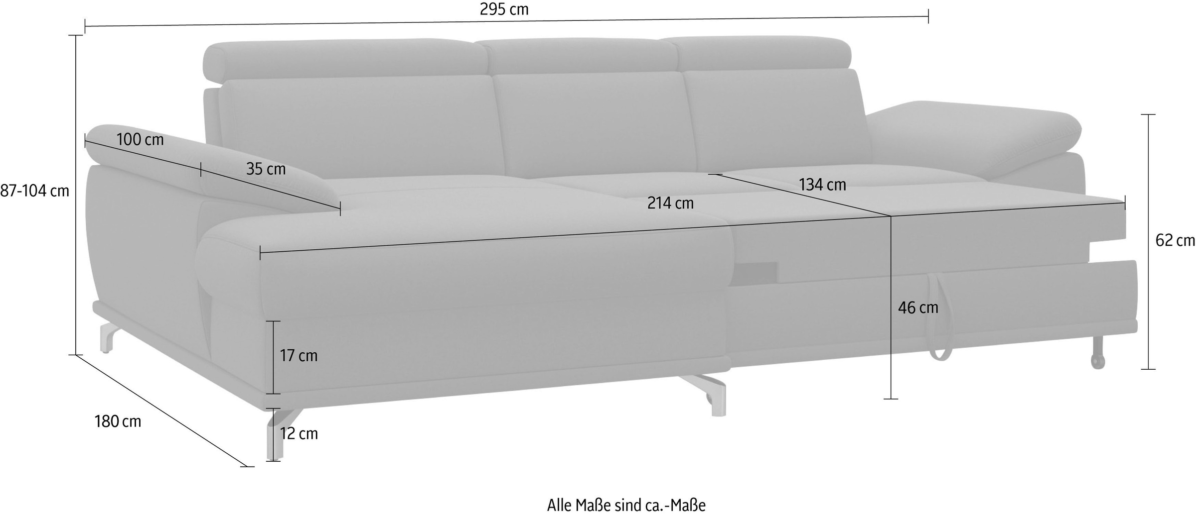 sit&more Ecksofa »Cabrio L-Form, B: 295 cm, mit Sitztiefen-, Arm- & Kopfteilverstellung« 2 Nierenkissen, Federkern, optional Bettfunktion und Stauraum
