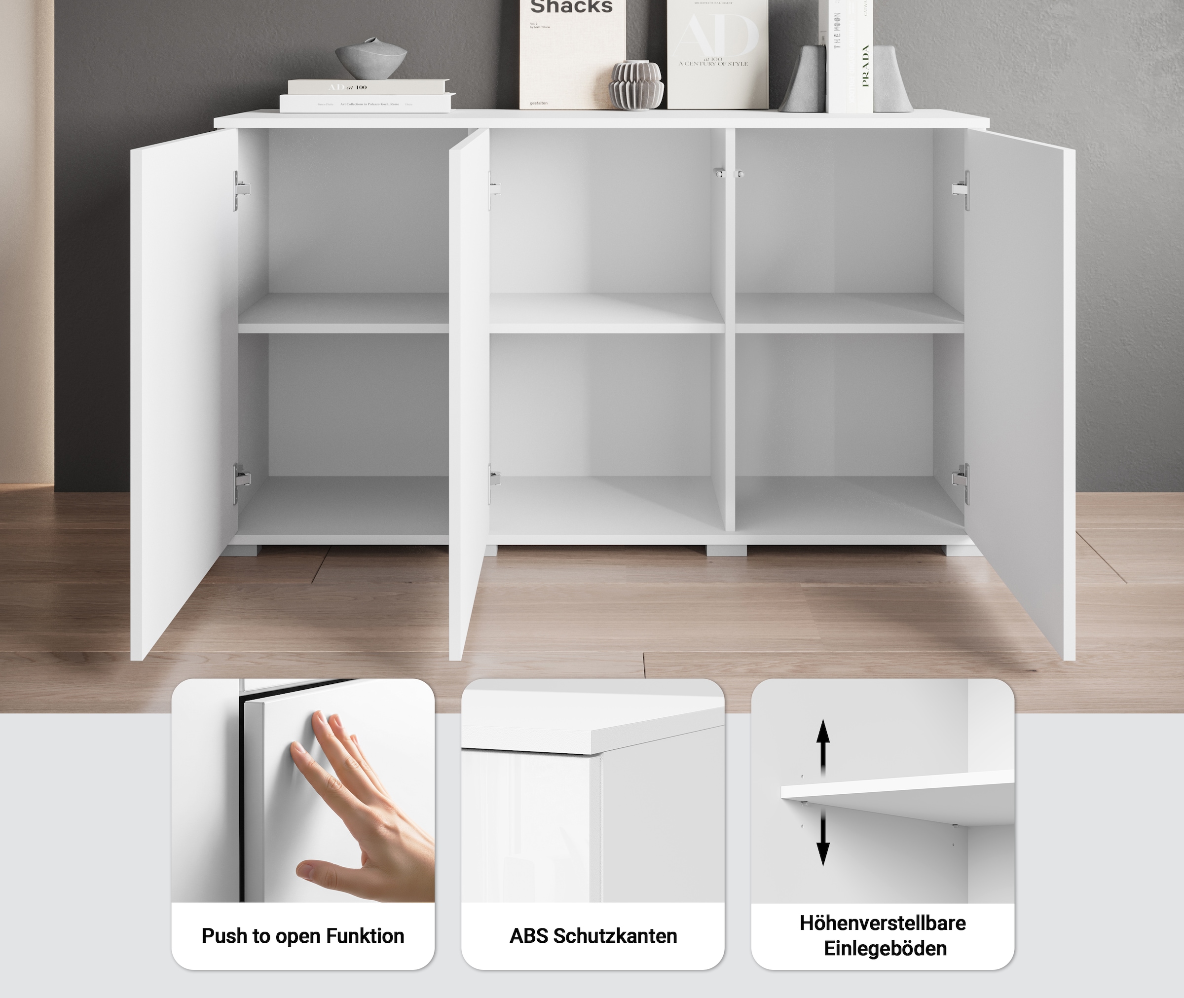 INOSIGN Sideboard »Kenia, moderne grifflose Kommode mit 3 Türen, Breite 120 cm«, (1 St.), Push-to-Open-Fronten, höhenverstellbaren Einlegeböden