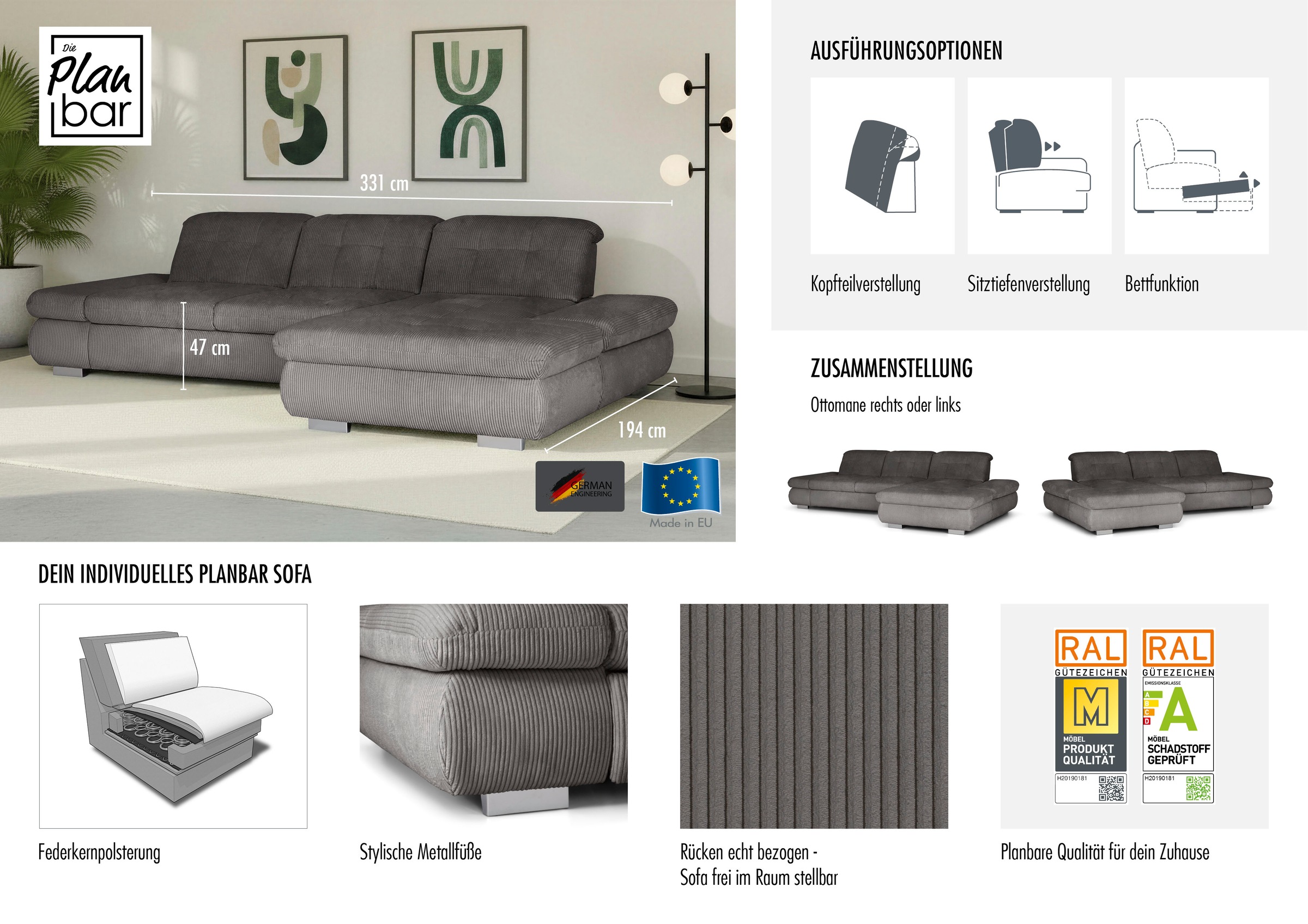 Die PlanBar Ecksofa »MP-IN17004 L-Form, Breite 331 cm, Kaltschaum-Polsterung« inkl. Sitztiefenverstellung, wahlweise weitere Funktionen
