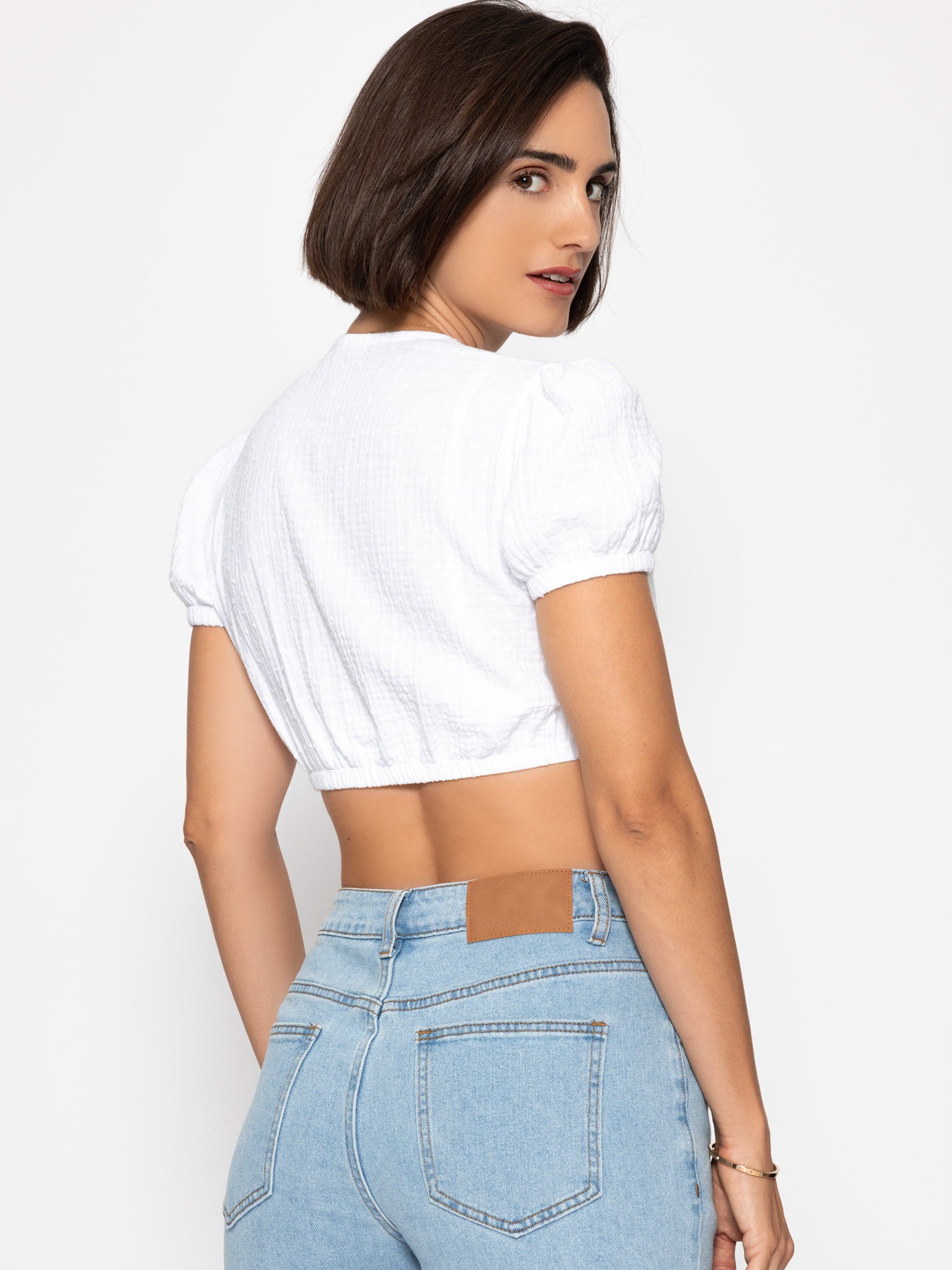 SASSYCLASSY Trachtenbluse »Bluse aus Musselin mit Tupfen« Traditionelle Trachtenbluse mit V Ausschnitt und Puffärmeln Weiß