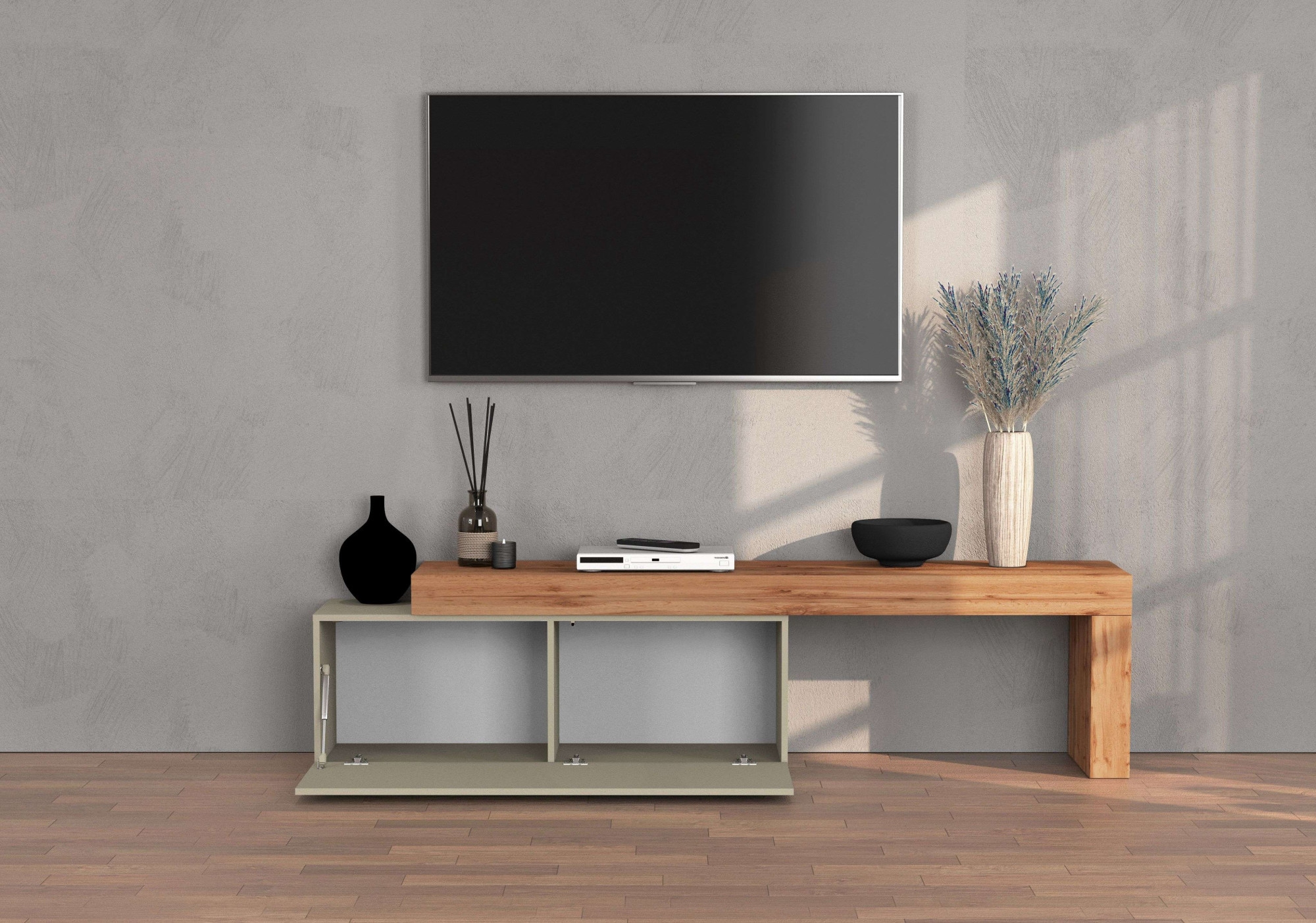 INOSIGN Lowboard »Chronos TV-Board, T-Schrank«, (1 St., Breite verstellbar von 180 bis 290 cm), Breite 240 cm TV-Board,Lowboard,1 Klappe und ein L-Förmiger Aufsatz