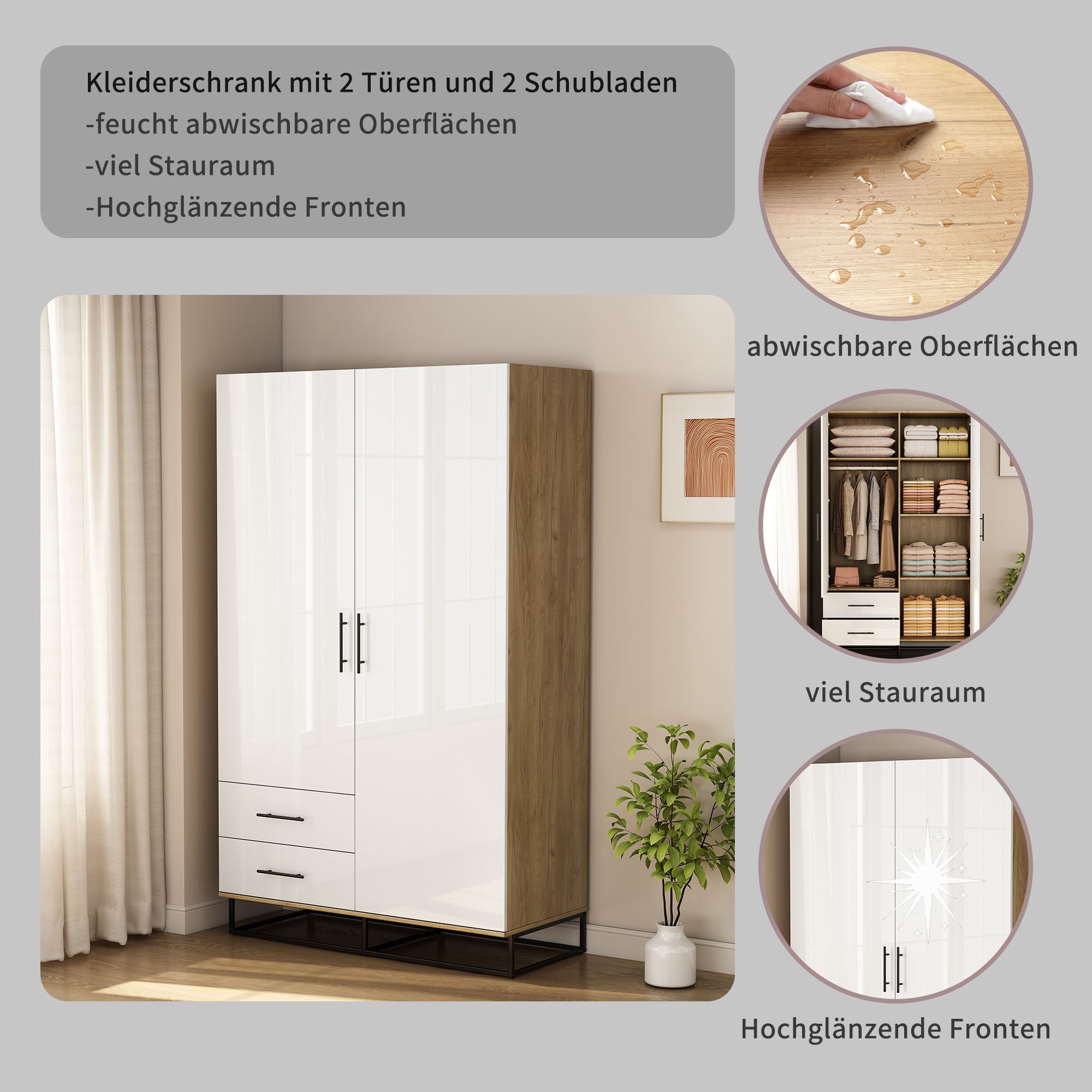 OTTO home Kleiderschrank »Lucca Schlafzimmerschrank Garderobe Hochglanz Bestseller« Hochwertige schwarze Griffe und Kufengestell aus Metall,  Schlafzimmerschrank mit 2 Türen und 2 Schubladen, Breite 120cm