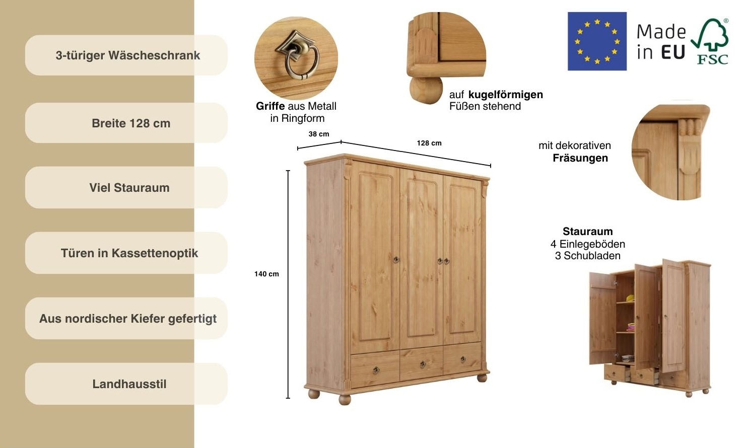 Home affaire Wäscheschrank »Tessin«, (2 Breiten: 90/128 cm H/T ca. 140/38 cm), aus massiver Kiefer, in 2 Breiten, viel Stauraum, FSC zertifiziert