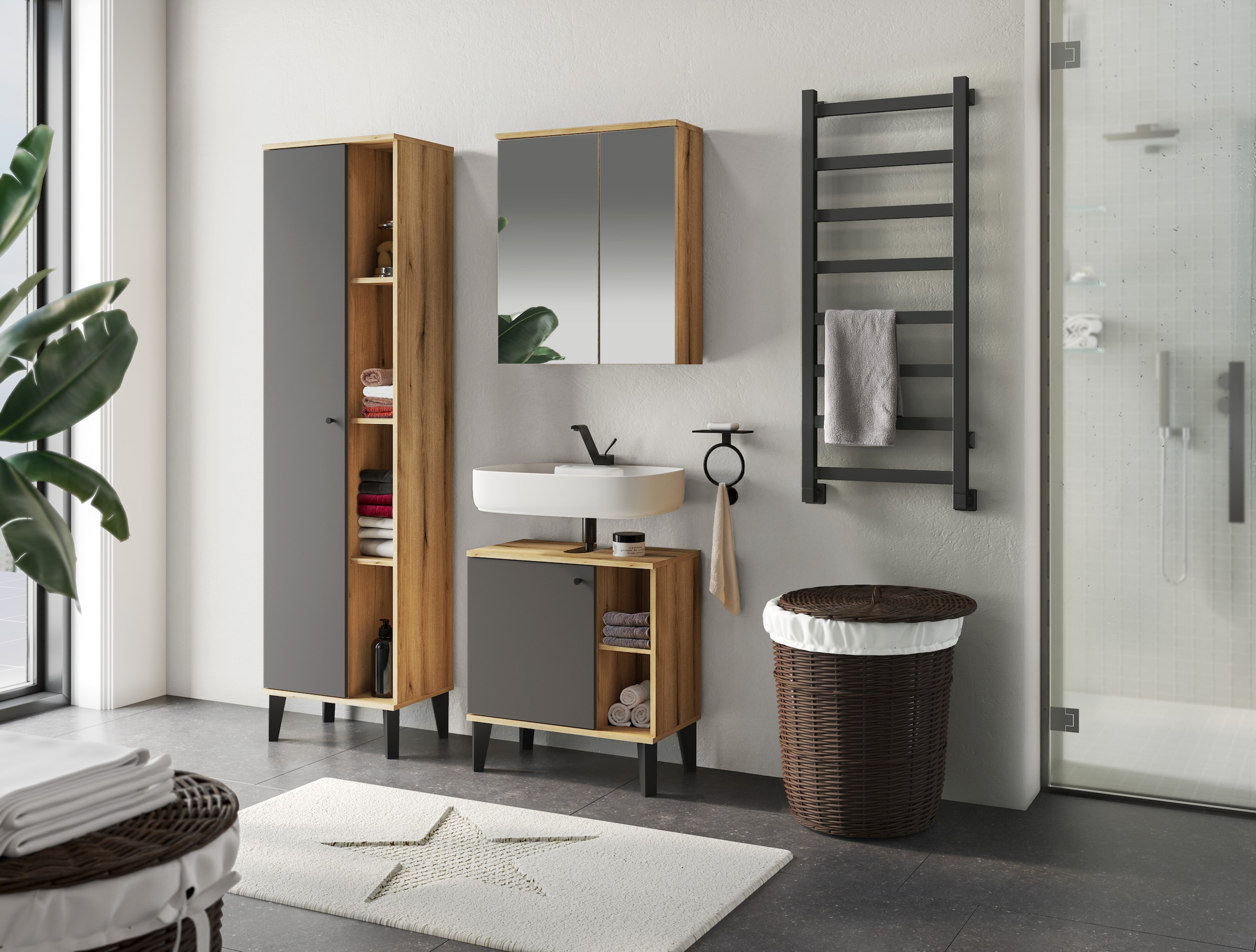 INOSIGN Badmöbel-Set »OSLO, Bad im skandinavischen Design, 3-teiliges Badezimmer«, (Set, 3 St.), Badschränke und Spiegel, in zwei Farben verfügbar, viel Stauraum