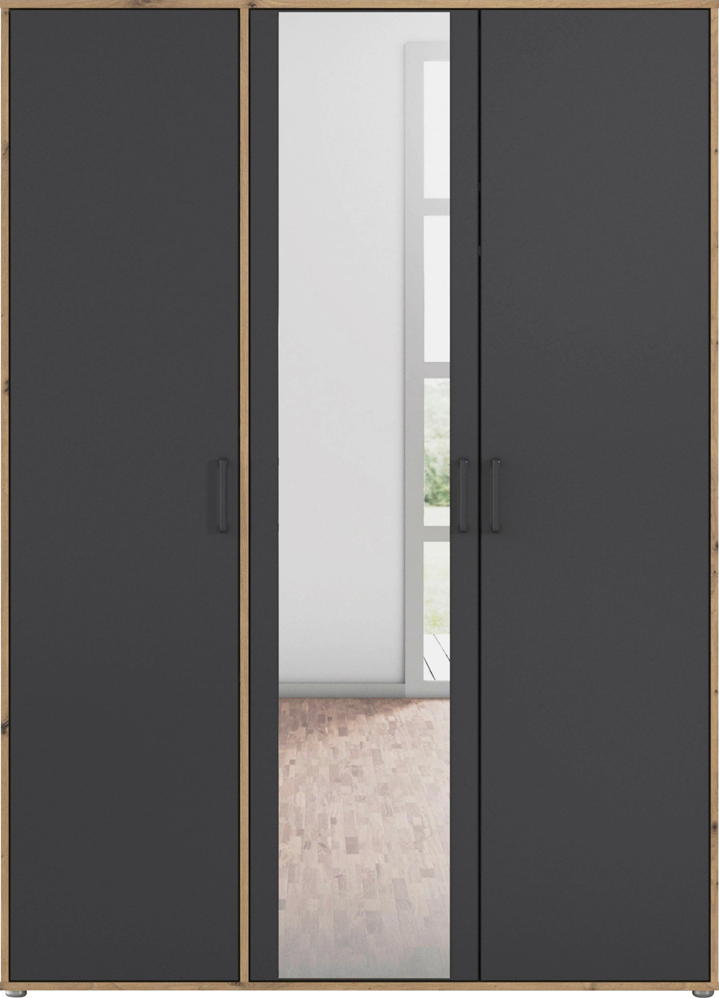 rauch Drehtürenschrank »Kleiderschrank Schrank Garderobe Wäscheschrank VOYAGER«, (in 3 verschiedenen Ausstattungen BASIC/CLASSIC/PREMIUM), mit modernen Griffen in Graumetallic und Spiegel