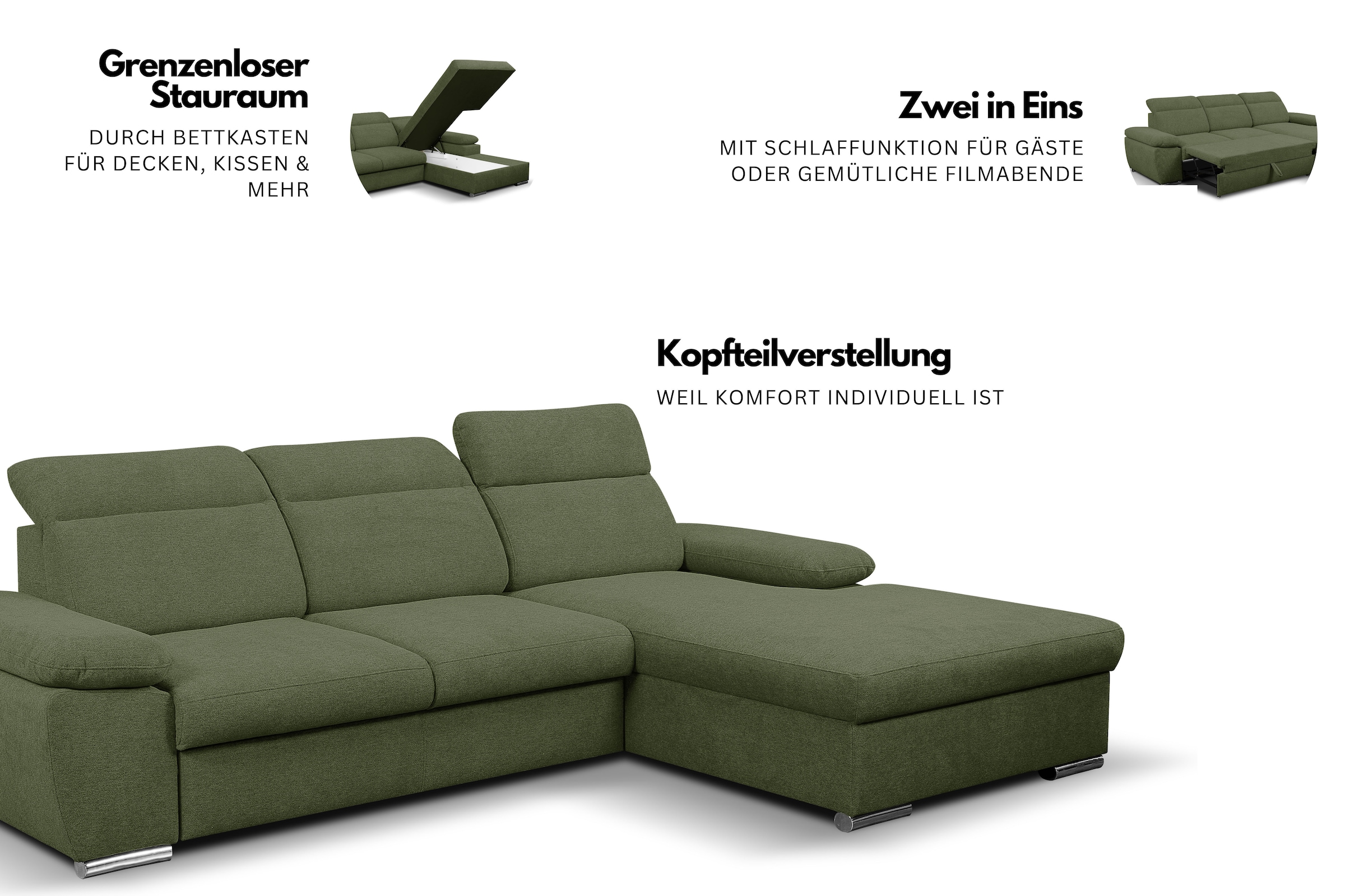 WERK2 Ecksofa »Palma 282 cm breit mit Bett & Bettkasten, Kopfteilverstellung« Strukturstoff, L-Form, XXL, Schlaffunktion, Bettkasten