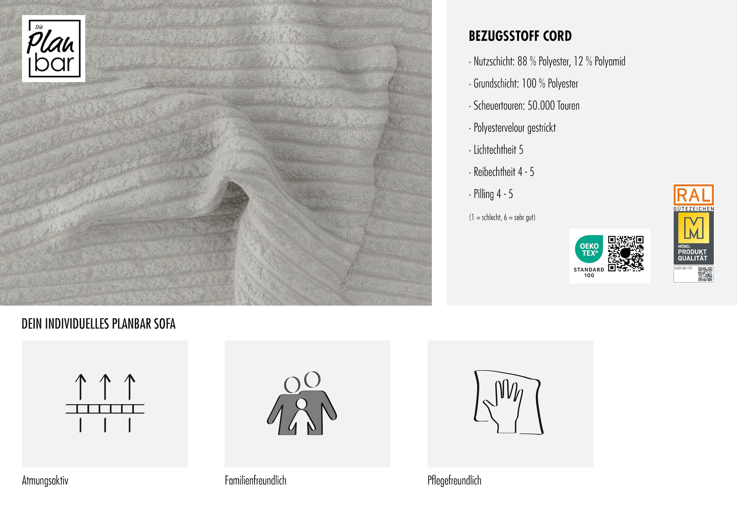 Die PlanBar Ecksofa »PP-LA19101 L-Form, Breite 316 cm« wahlweise mit Bettfunktion und verstellbaren Kopfstützen, in Cord