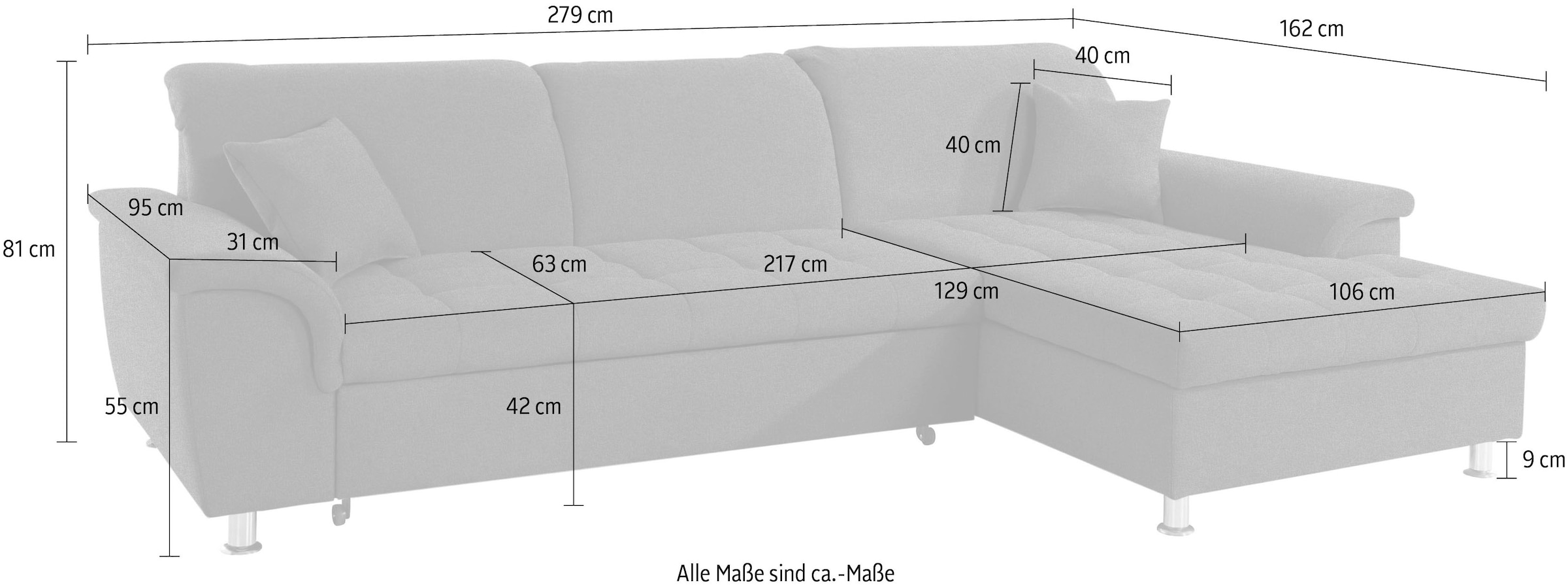DOMO collection Ecksofa »Franzi, zeitlos und elegant, moderne Sitzheftung, L-Form«, wahlweise mit Kopfteilverstellung (dann Tiefe: 170 cm)