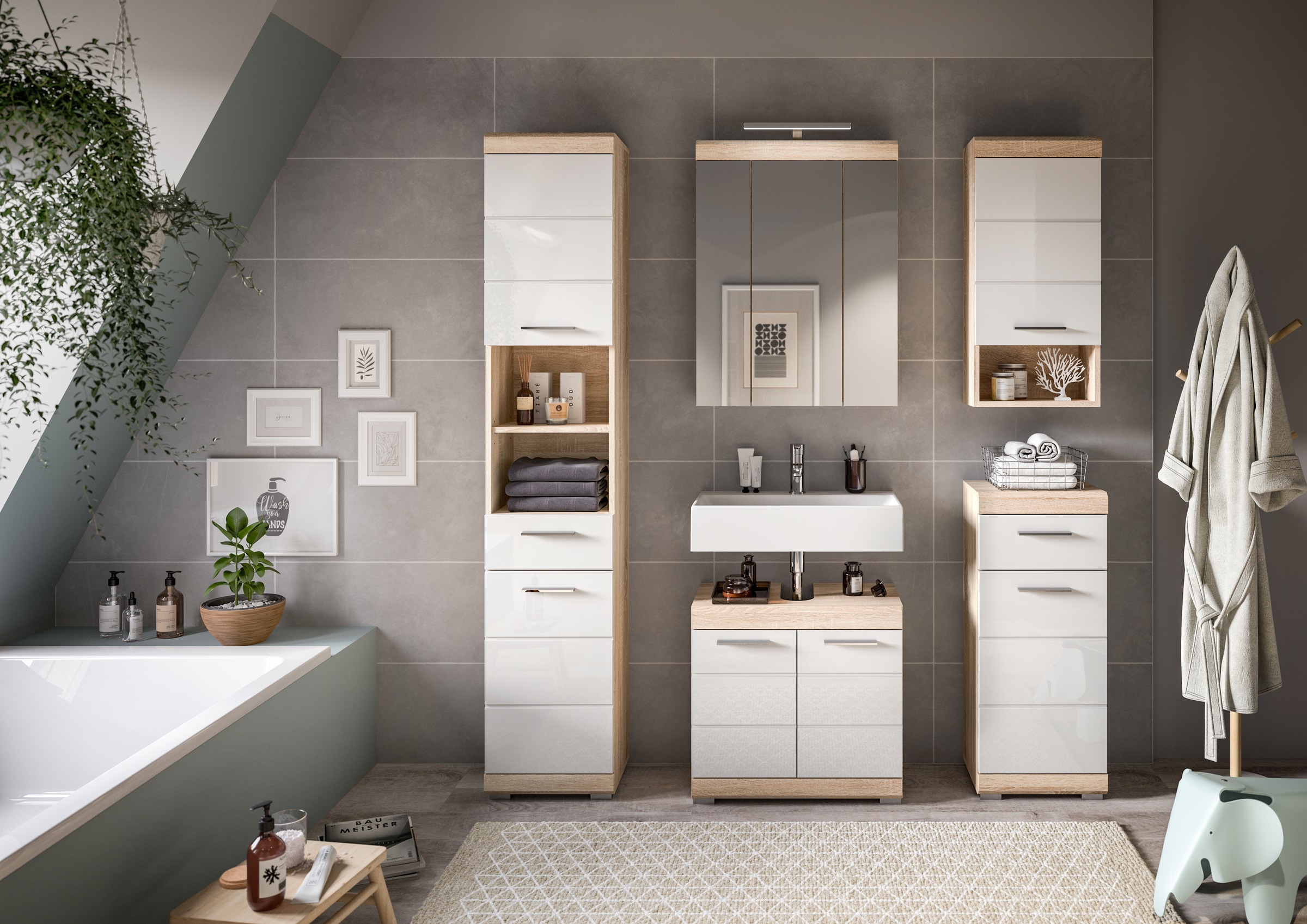 INOSIGN Badmöbel-Set »Siena, 5 teilig, inklusive LED Beleuchtung, bestehend aus:«, (Set), Hochschrank, WBU, Spiegelschrank, Unterschrank, Hängeschrank