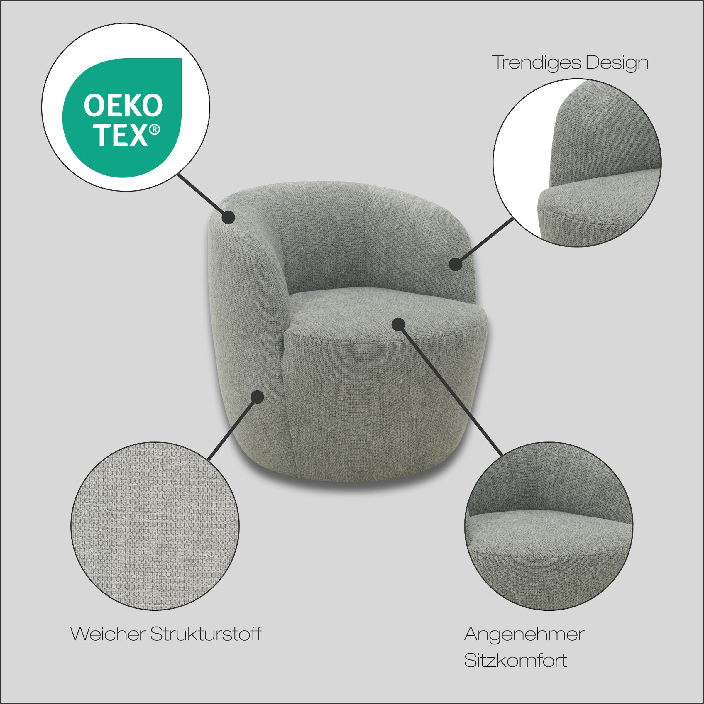 DOMO collection Sessel »Obidos moderner Loungesessel« Struktur weich, grau