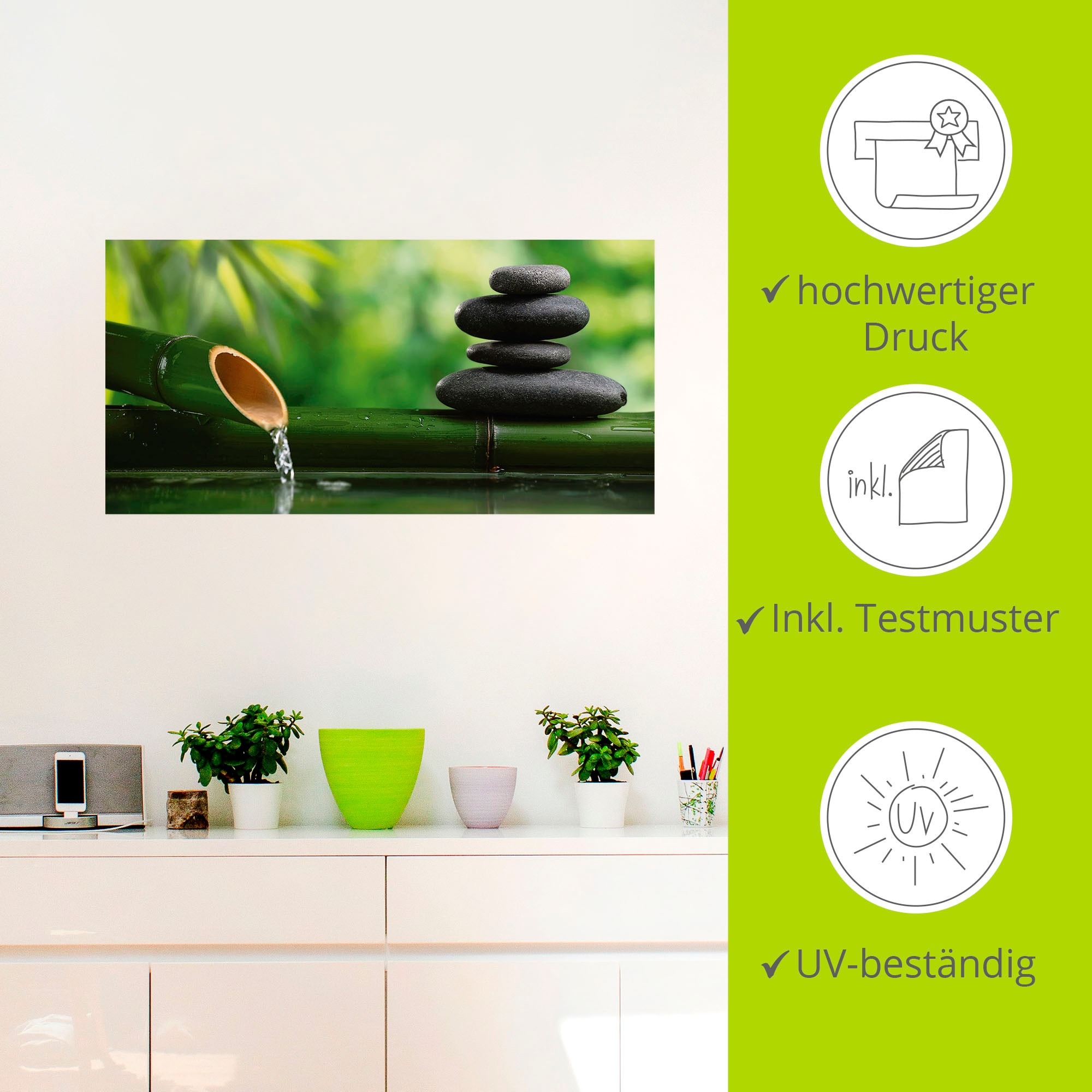 Artland Wandbild »Bambusbrunnen und Zen-Stein«, Zen, (1 St.), als Alubild, Outdoorbild, Leinwandbild, Poster, Wandaufkleber