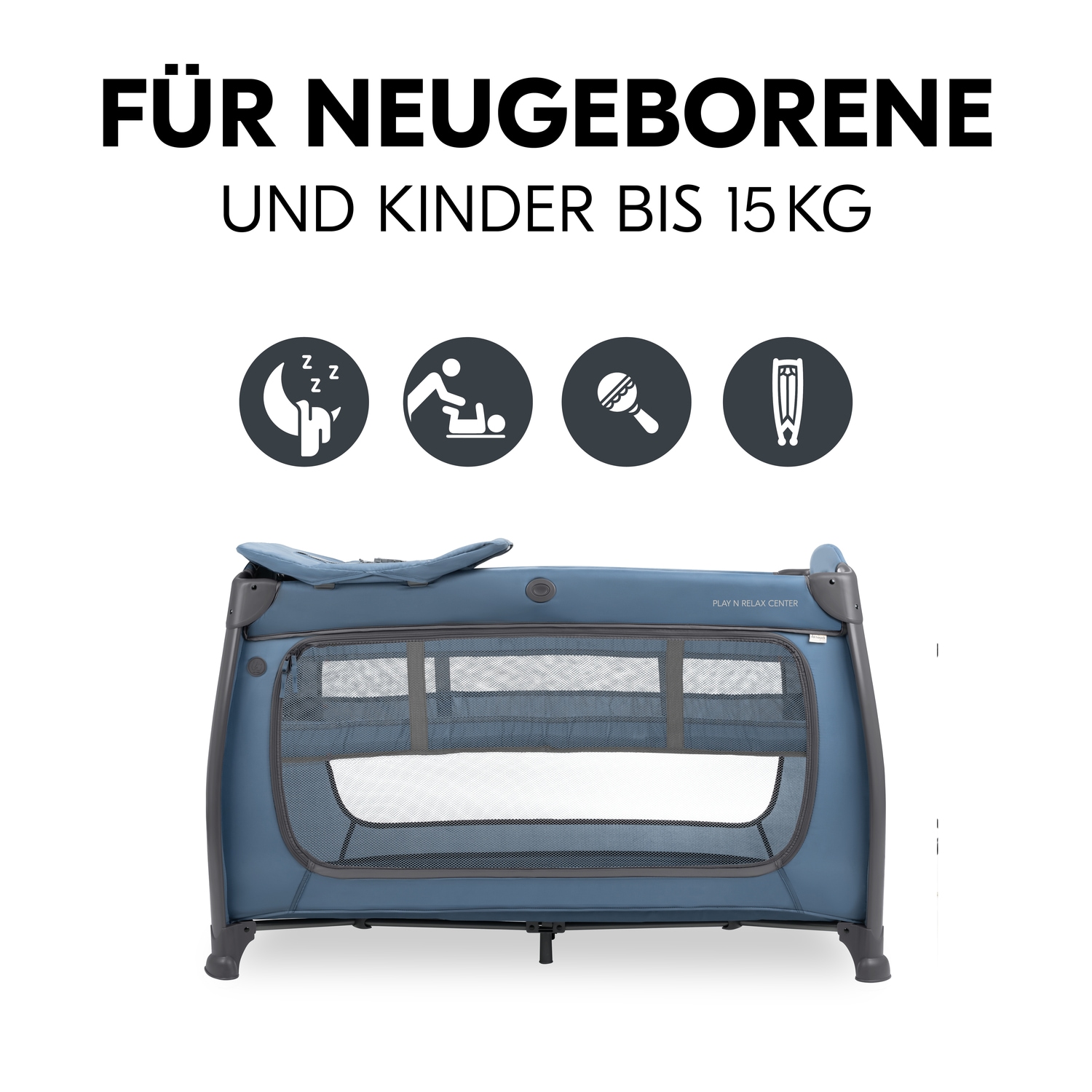 Hauck Baby-Reisebett »Play N Relax Center, dark blue«, inkl. Neugeboreneneinhang, Wickelmulde, Ausstieg, Räder