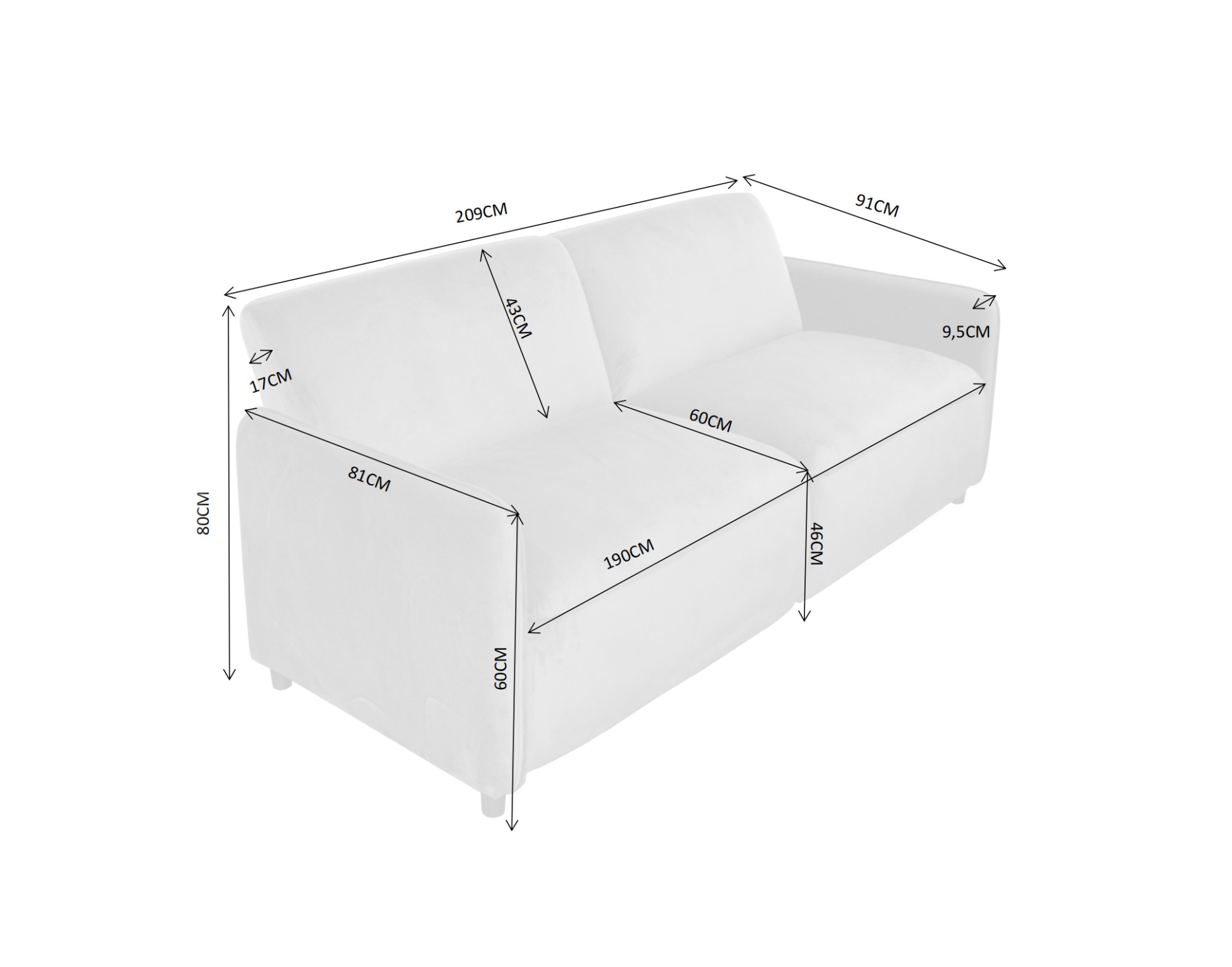 Dorel Home 3-Sitzer »ALICIA Schlafsofa 209 cm«, Bettfunktion (110/190cm), verstellbare Rückenlehne, Cord, Velours