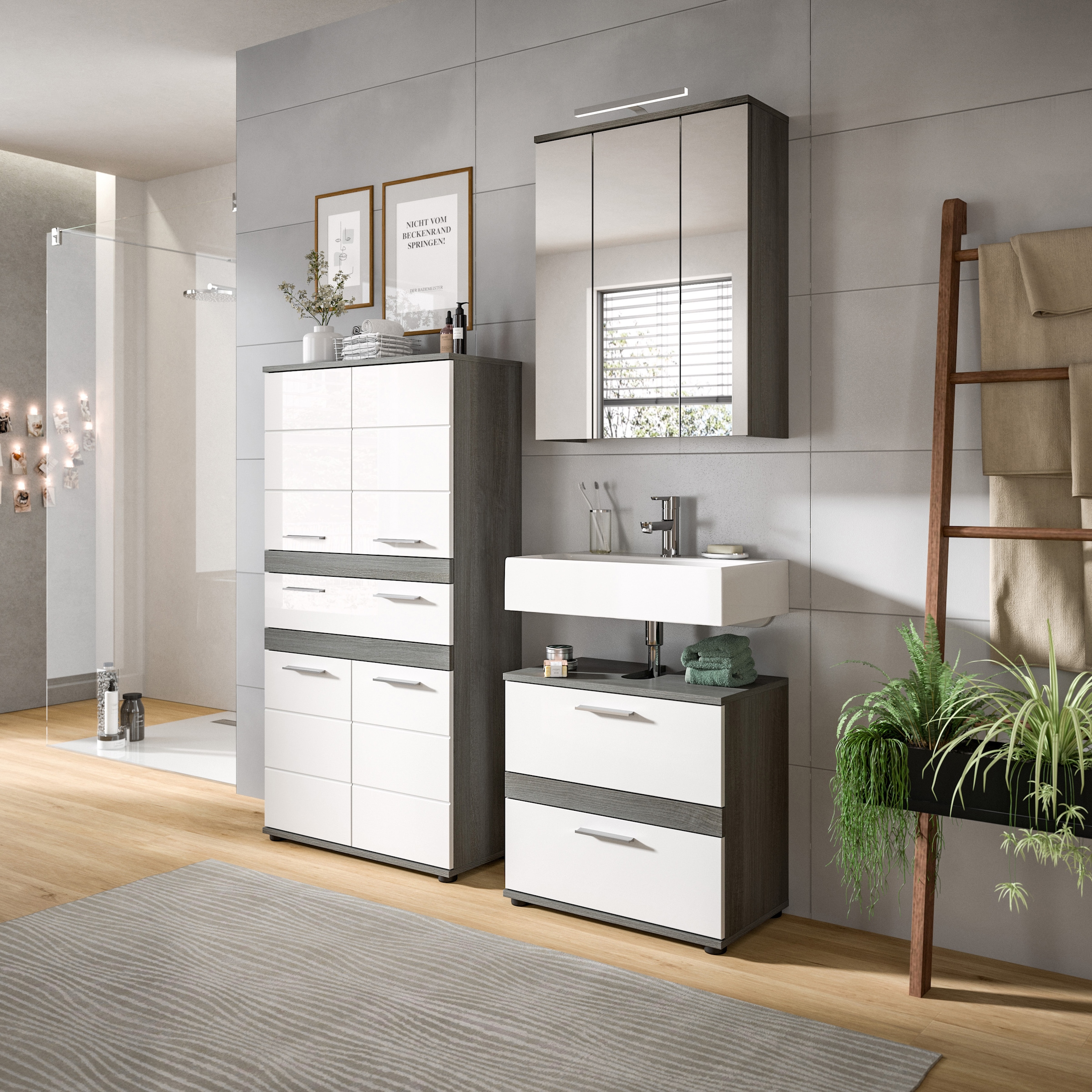 welltime Hochschrank »LUCCA, Höhe 137cm, 4 Türen, 1 Schubkasten, 4 Fächer« Badschrank, Badmöbel, Badezimmer, Universalschrank, Mehrzweckschrank