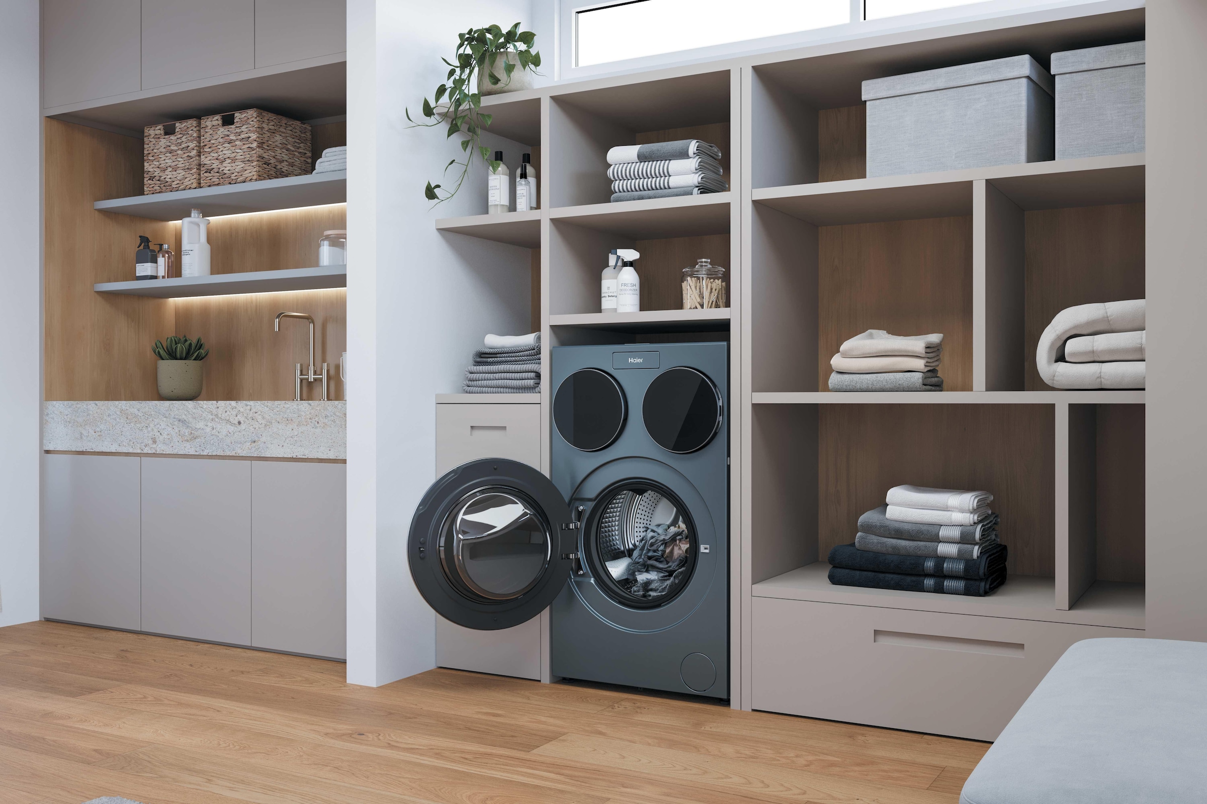 Haier Waschmaschine »HAMQD 410CBL9GN-84« 10 kg 1400 U/min 3 Trommeln (10 + 1 + 1 kg), Smart Dosing
