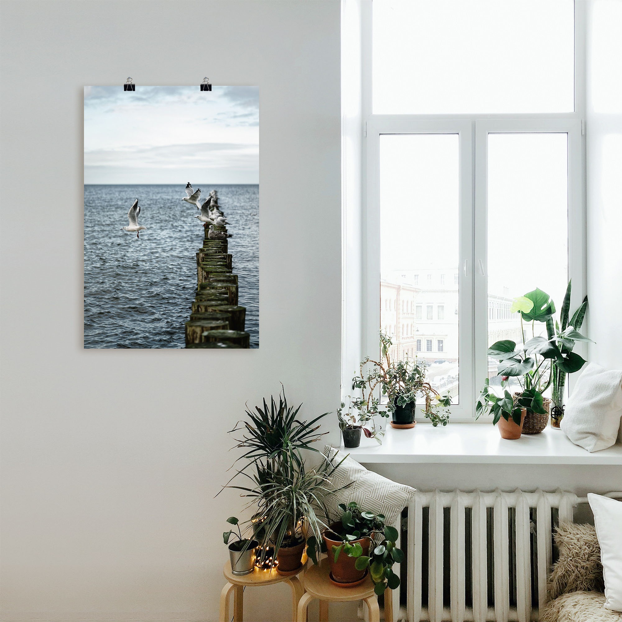 Artland Wandbild »Möwen starten von einer Buhnenreihe«, Vogelbilder, (1 St.), als Alubild, Outdoorbild, Poster in verschied. Größen
