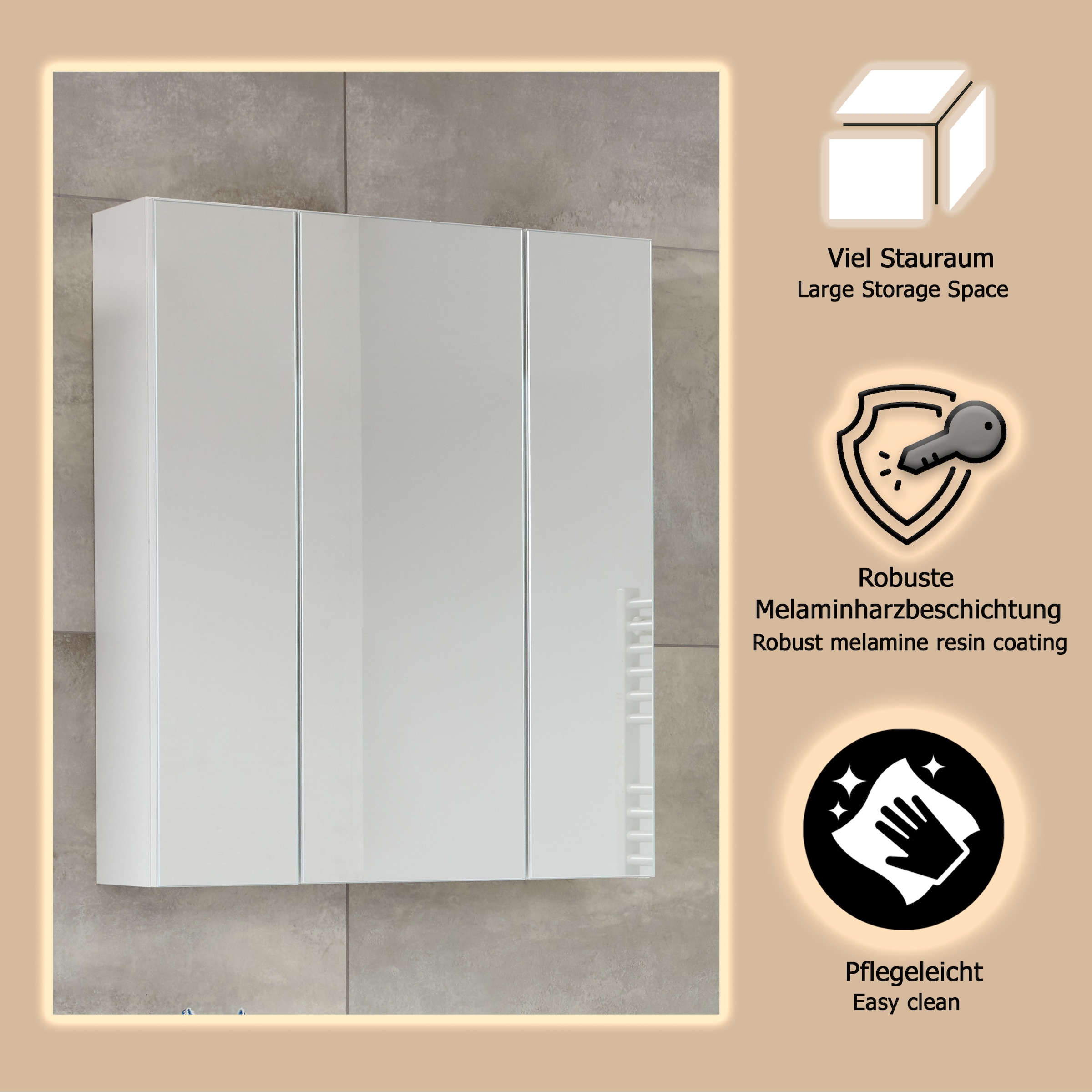 welltime Spiegelschrank »Mora«, Spiegelschrank mit 3 Türen & 6 Böden - (B/T/H) 60/18/74 cm
