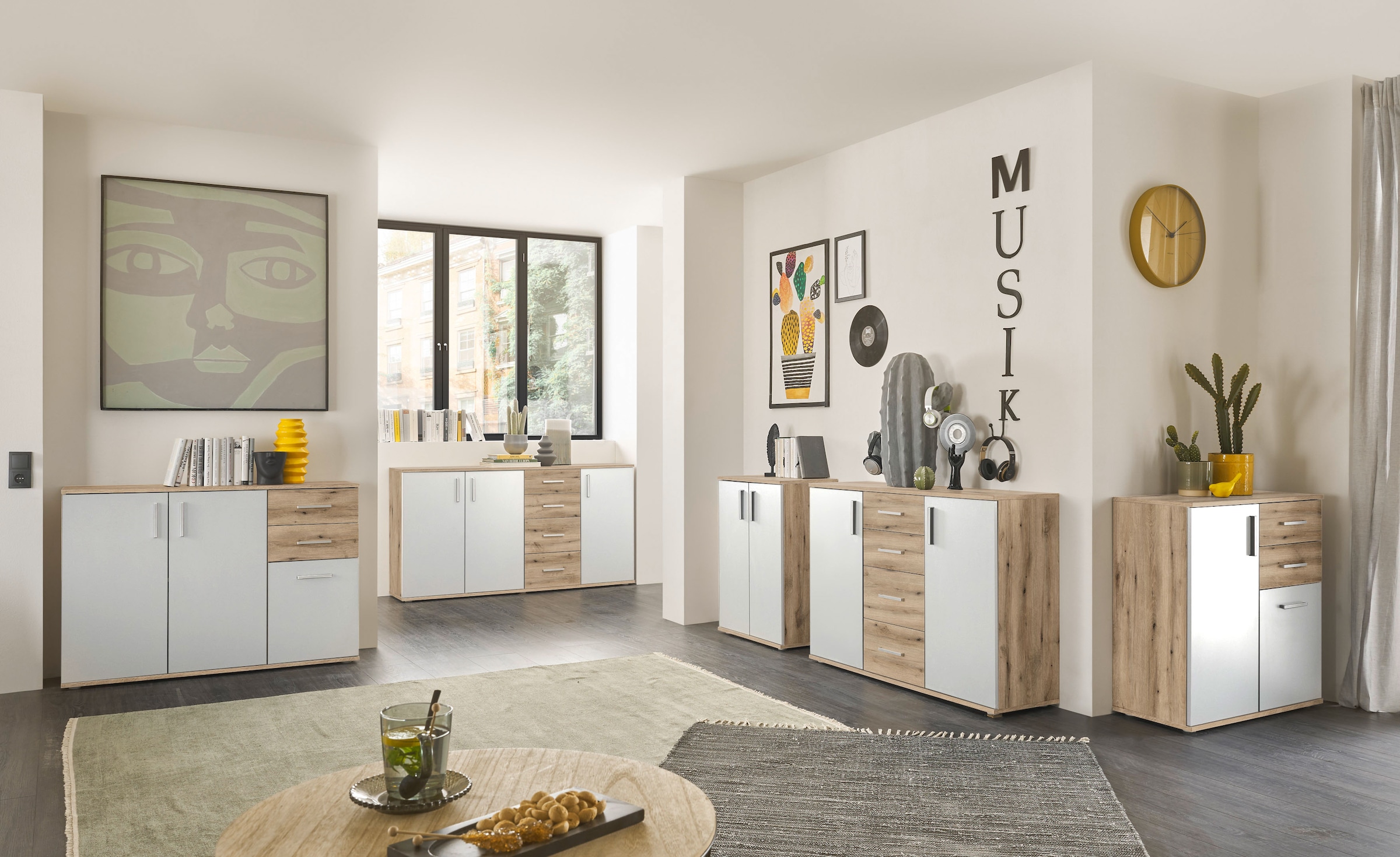 HBZ Kommode »BC-Drift-2, Sideboard Stellmaß BxHxT 160x84x35 cm«, (1 St.), Sideboard mit 3 Türen und 4 Schubkästen, 2 Einlegeböden