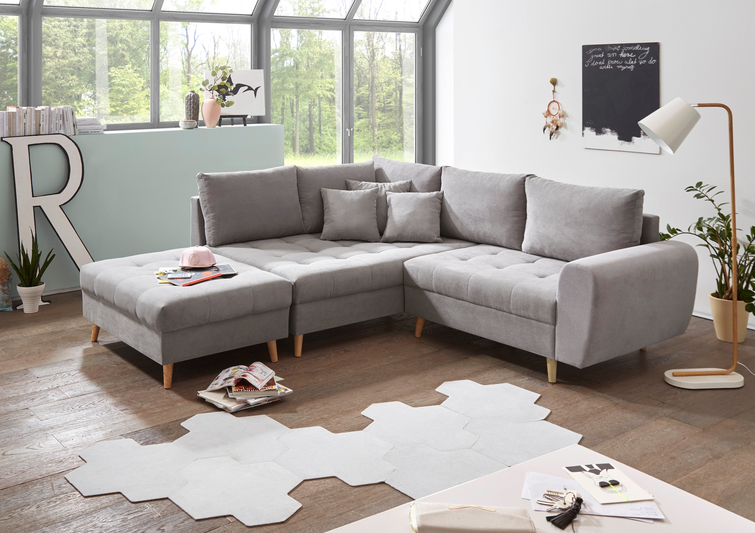 ED EXCITING DESIGN Ecksofa »Alice L-Form«, (Set), mit Hocker, Rückenkissen, Zierkissen, frei im Raum stellbar