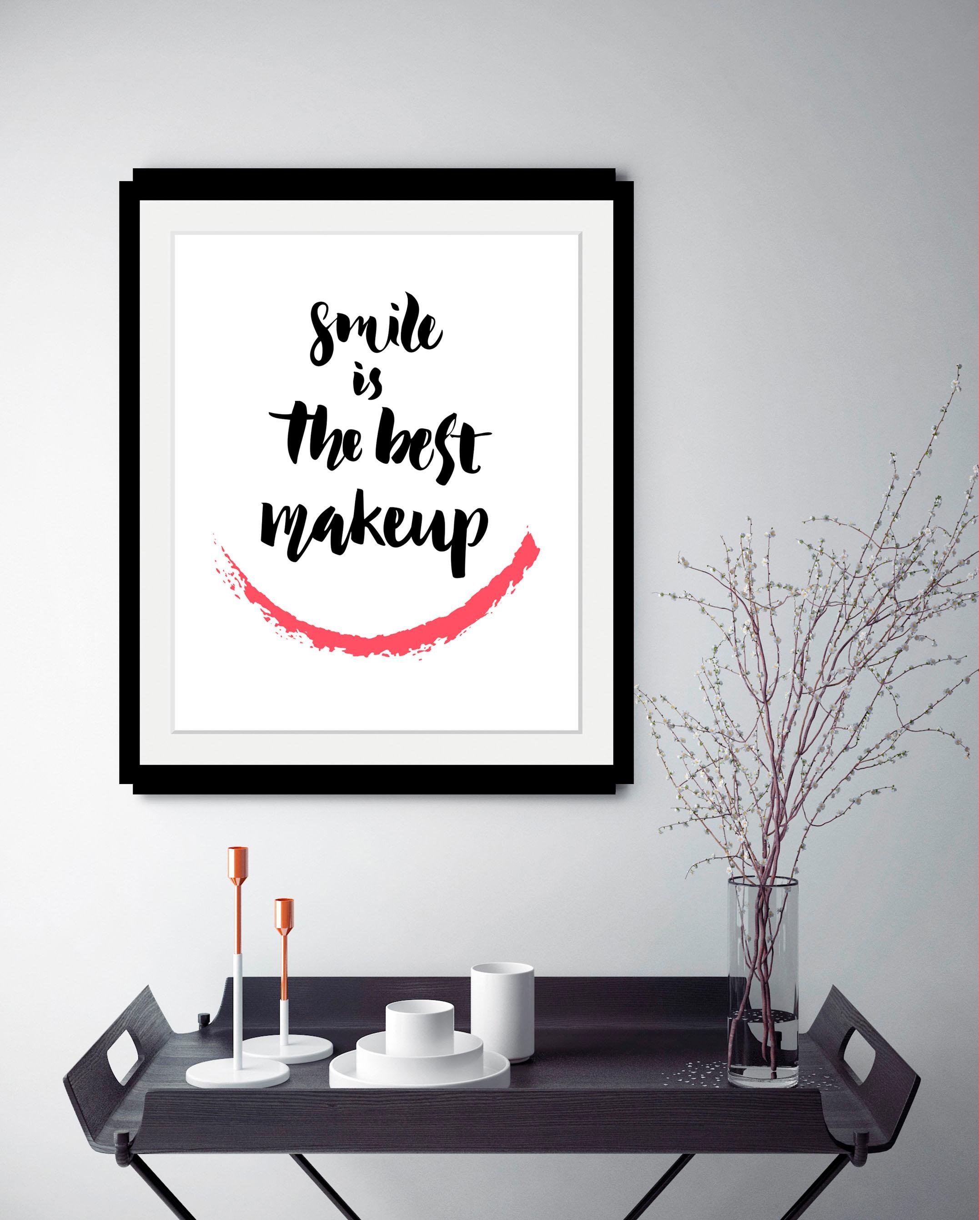 queence Bild »Smile«, Schwarz-Weiß-Schriftzug-Motivationsbilder, HD Premium Poster-Druck inkl. Holzrahmen