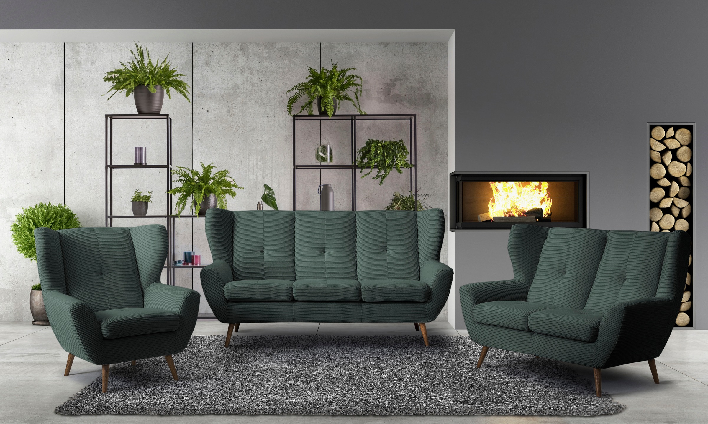 exxpo - sofa fashion Sessel »ALVESTA, Ohrensessel, Loungesessel mit hohem Sitzkomfort«, gemütliche Rückenlehne, mit Knopfheftung und hohen Holzfüßen, in Cord