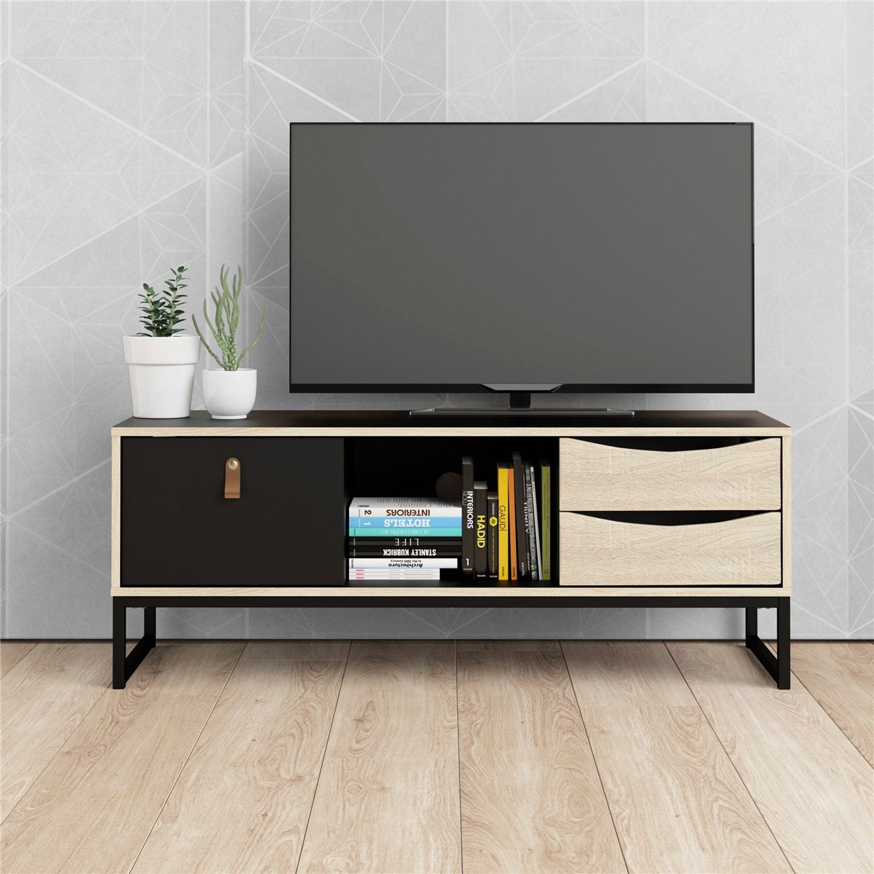 andas TV-Board »Stubbe«, TV-Kommode, Breite 117,2cm, 3 Schubkästen, 1 Ledergriff