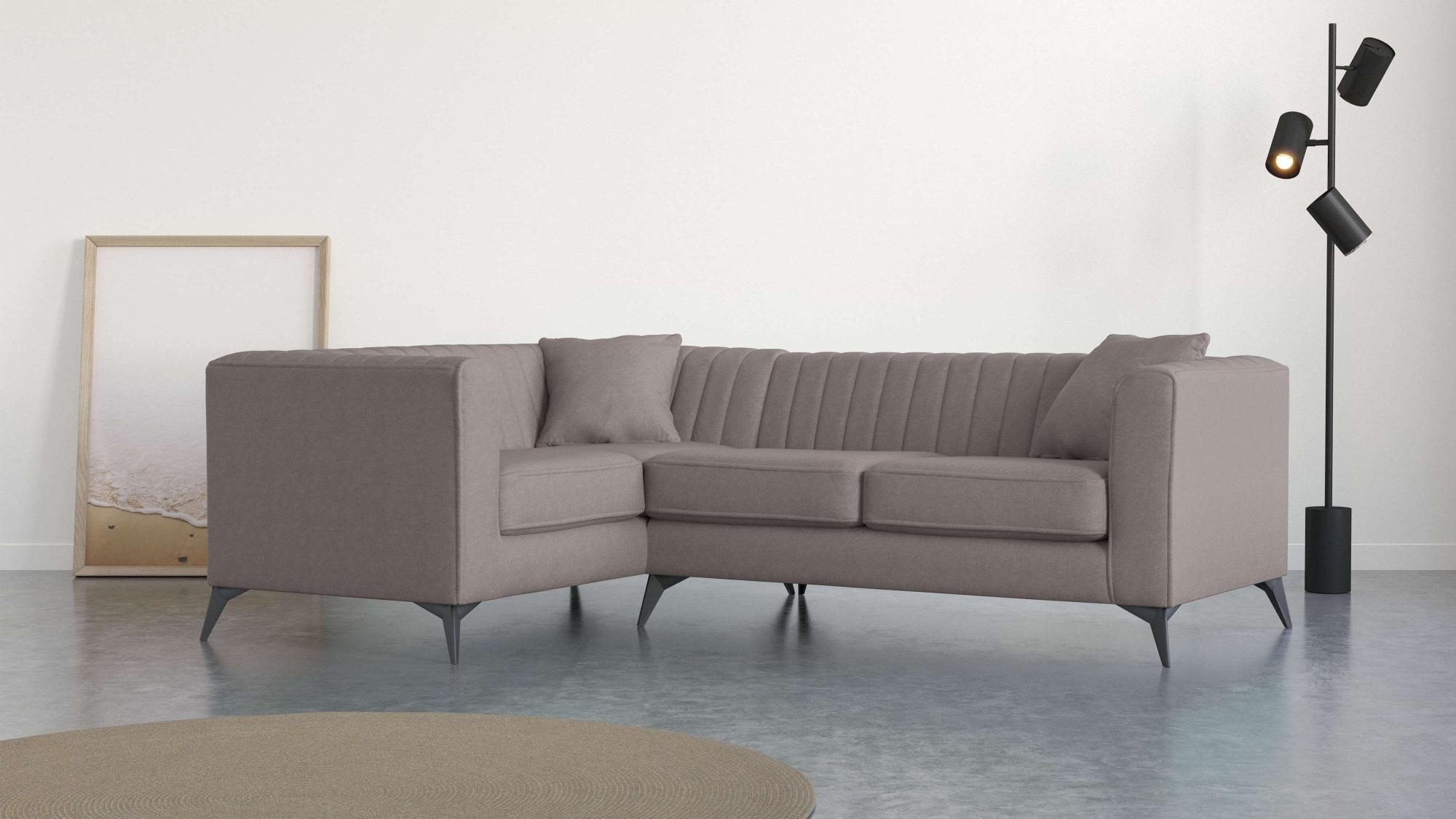 Places of Style Ecksofa »MATTHEW L-Form ideal für kleine Räume, Maße B/T/H: 240/167/74 cm«, elegantes Designsofa, Steppung im Rücken, incl. Zierkissen
