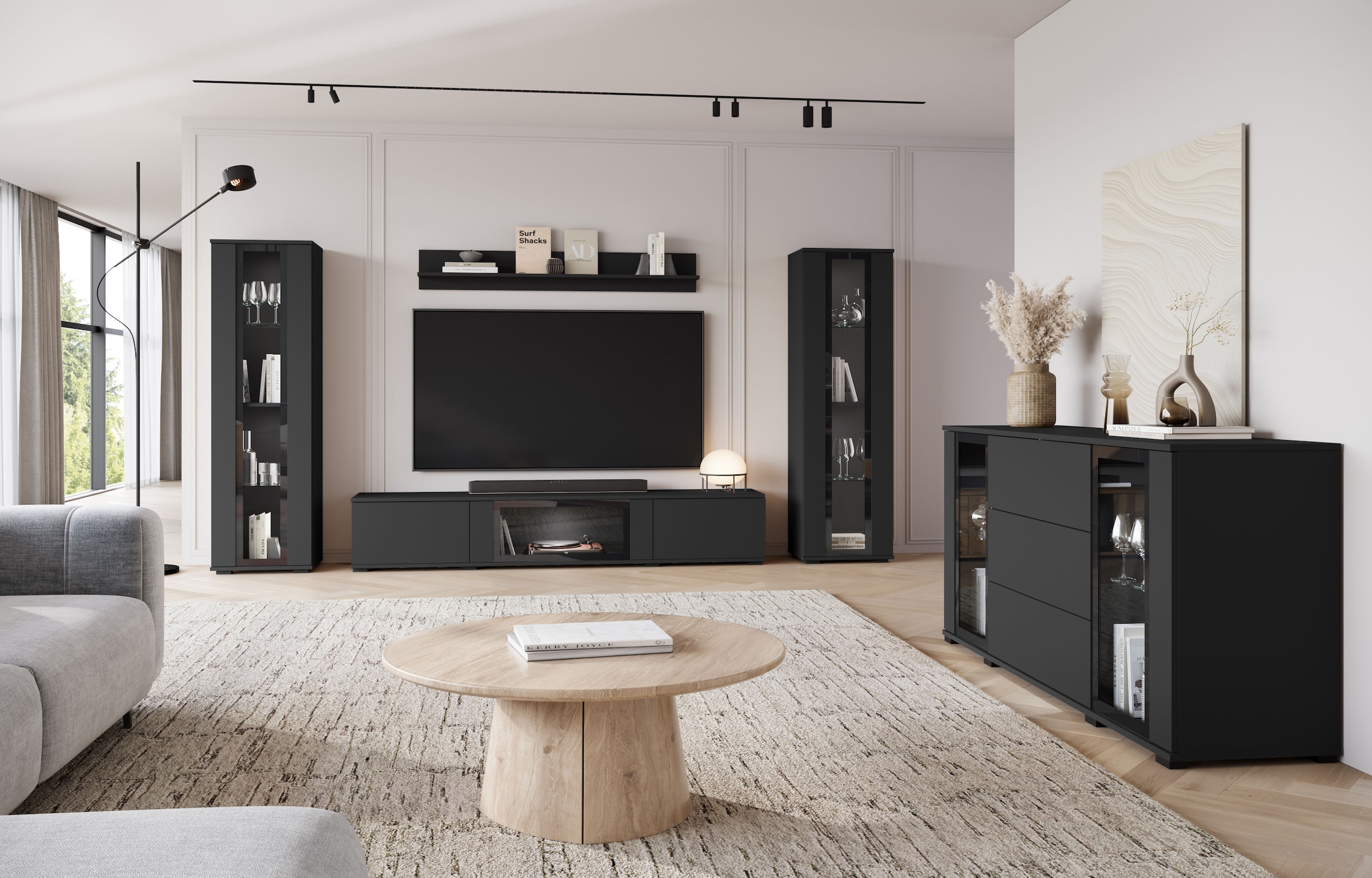 INOSIGN Sideboard »modernes Design mit Glaseinsätzen und 3 Schubladen, Breite 150 cm«, (1 St.), Grifflose Fronten mit Push-to-Open, höhenverstellbare Einlegeböden