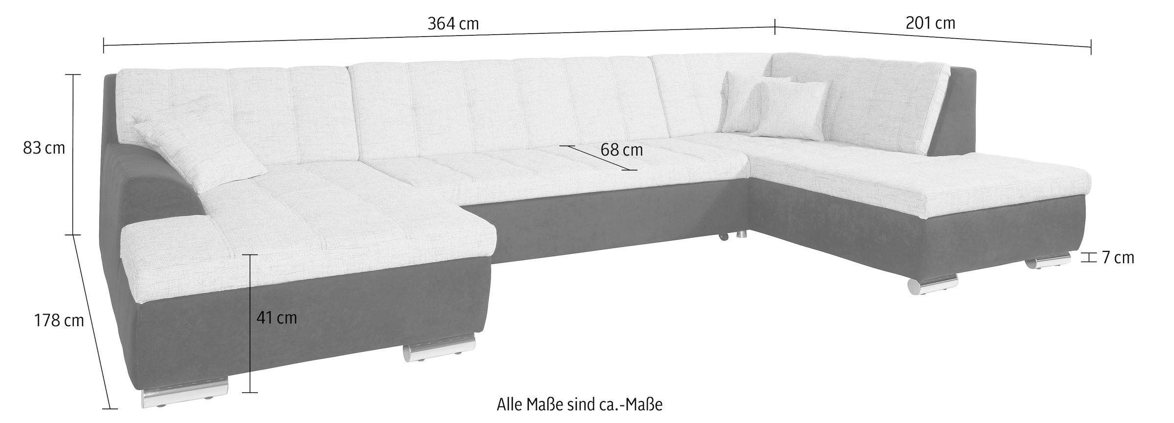 DOMO collection Wohnlandschaft »Treviso incl. Zierkissen, moderne Steppung, XXL: B/T/H: 364/201/83 cm«, wahlweise mit Bettfunktion, in vielen Bezugsarten auch in Cord U-Form