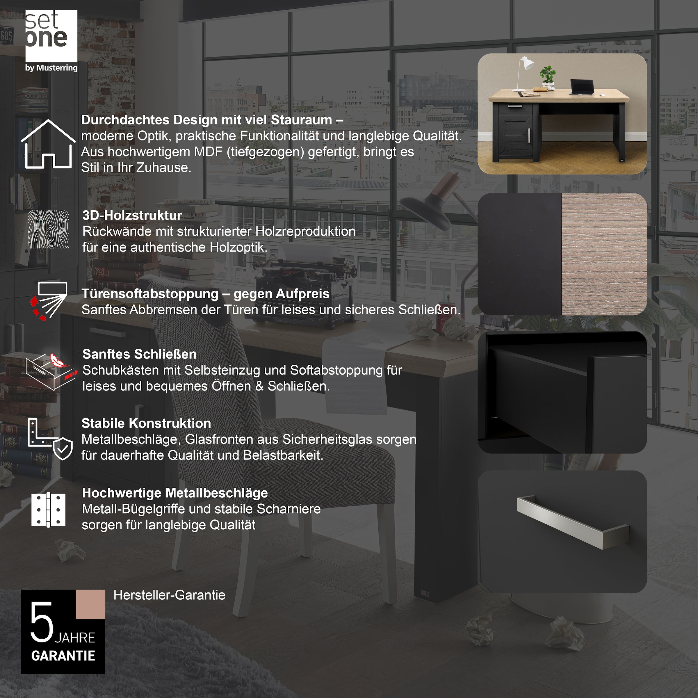 set one by Musterring Schreibtisch »York« Mit Schubkasten und Tür, 3 Farben, Breite 165 cm