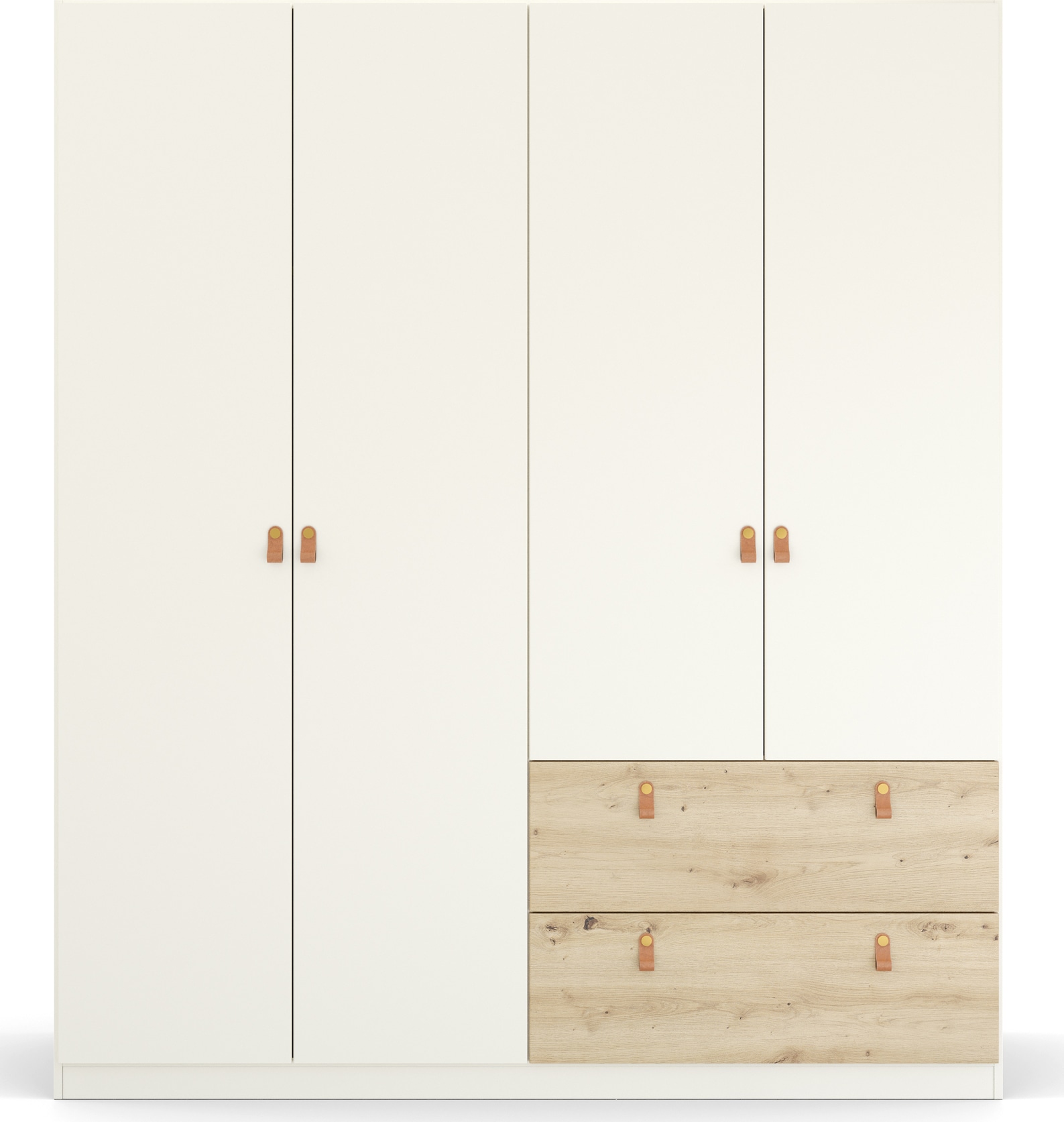 rauch Drehtürenschrank »Kleiderschrank Schrank Garderobe Ankleide HOMEY BY QUADRA SPIN« Breiten: 181/226/271 cm, Höhe 210 cm,  mit cognacbraunen Ledergrifflaschen, Schubladen in Eichen-Dekor