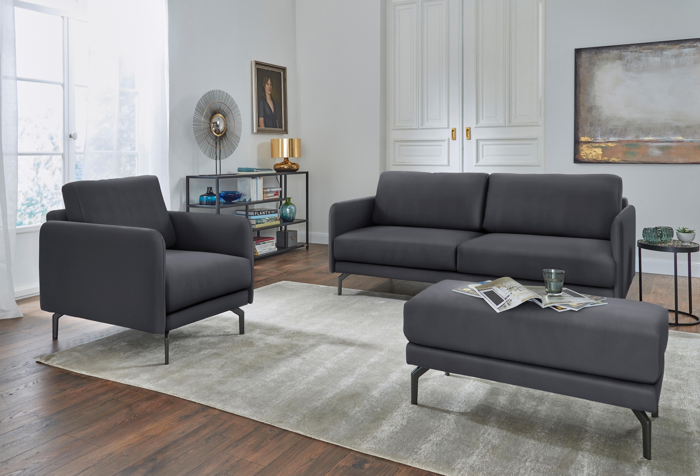 Creation BY ROLF BENZ 3-Sitzer »CR.450, Designsofa, edles Sofa, Loungesofa, Ledersofa, klares Design«, Armlehne sehr schmal, Breite 190 cm, Alugussfuß Umbragrau