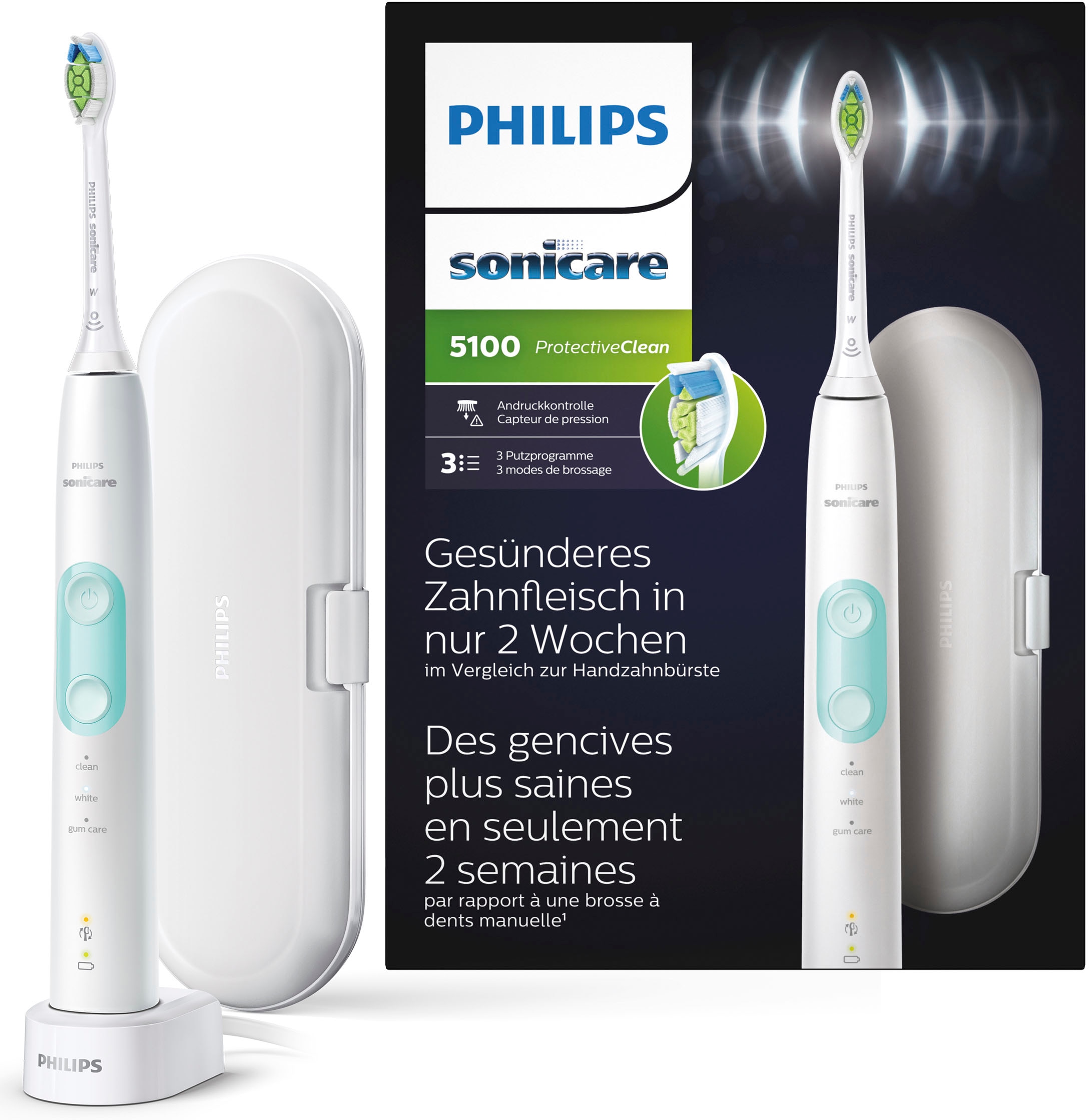 Philips Sonicare Elektrische Zahnbürste »ProtectiveClean 5100 HX6857/28«, 1 St. Aufsteckbürsten, mit integriertem Drucksensor, 3 Putzprogramme, inkl. Reiseetui