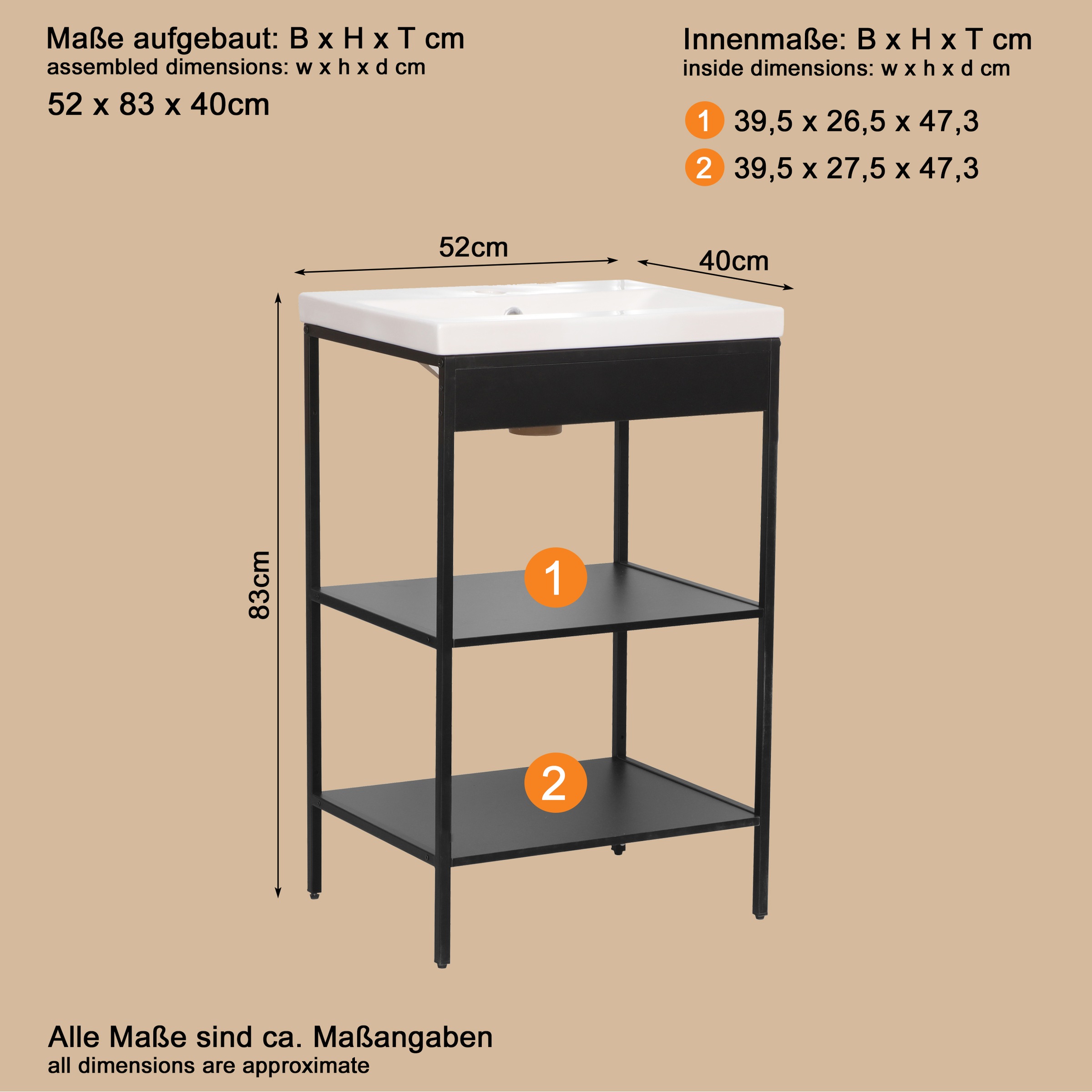 welltime Waschbeckenunterschrank »Lodi«, (2 St.), Waschbeckenregal mit Metallrahmen - (B/T/H) 52 / 40 / 83 cm