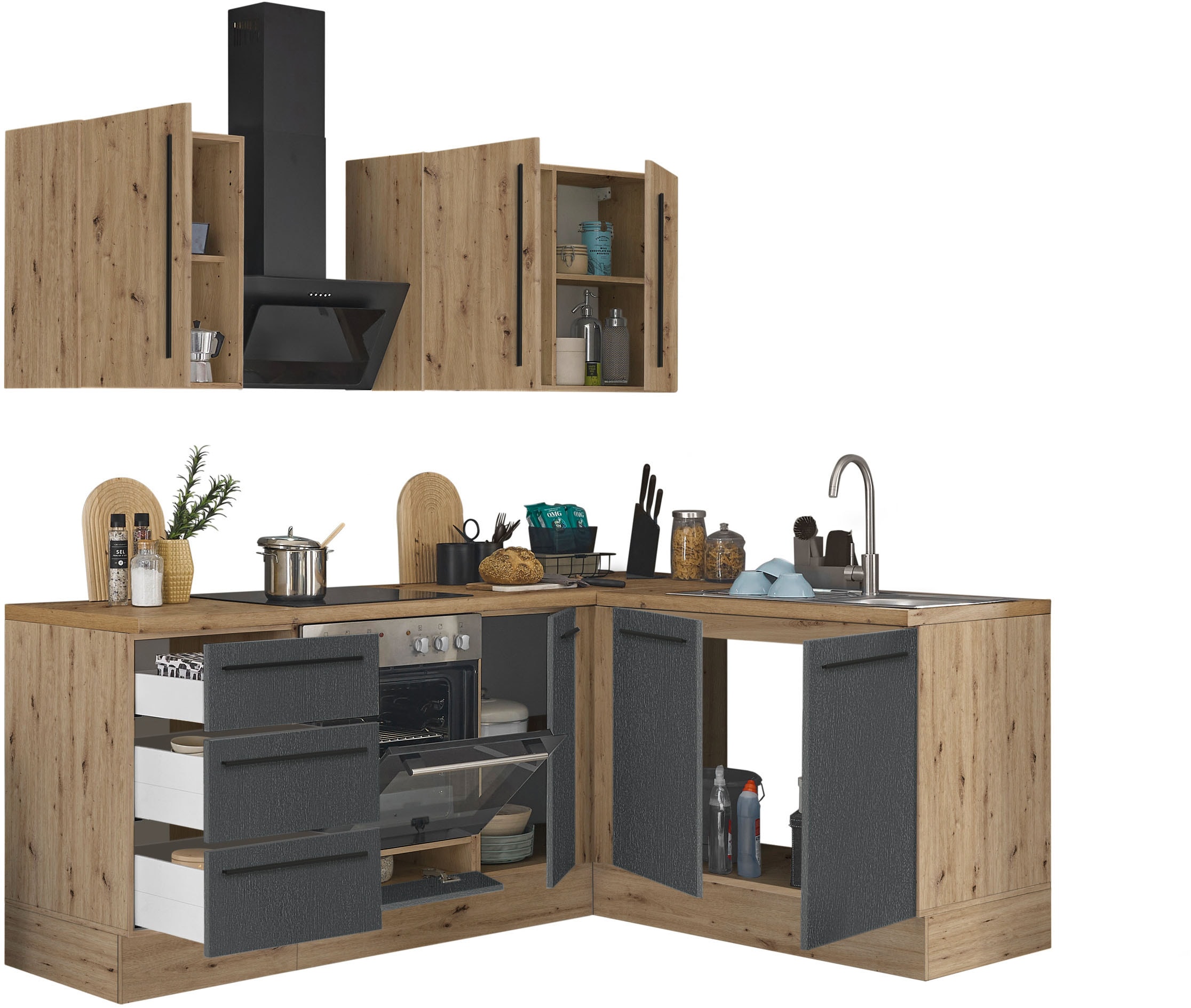 KOCHSTATION Winkelküche »Florida, Stellbreite 210x165 cm«, wahlweise mit E-Geräten, mit Softclose für Türen und Schubkästen