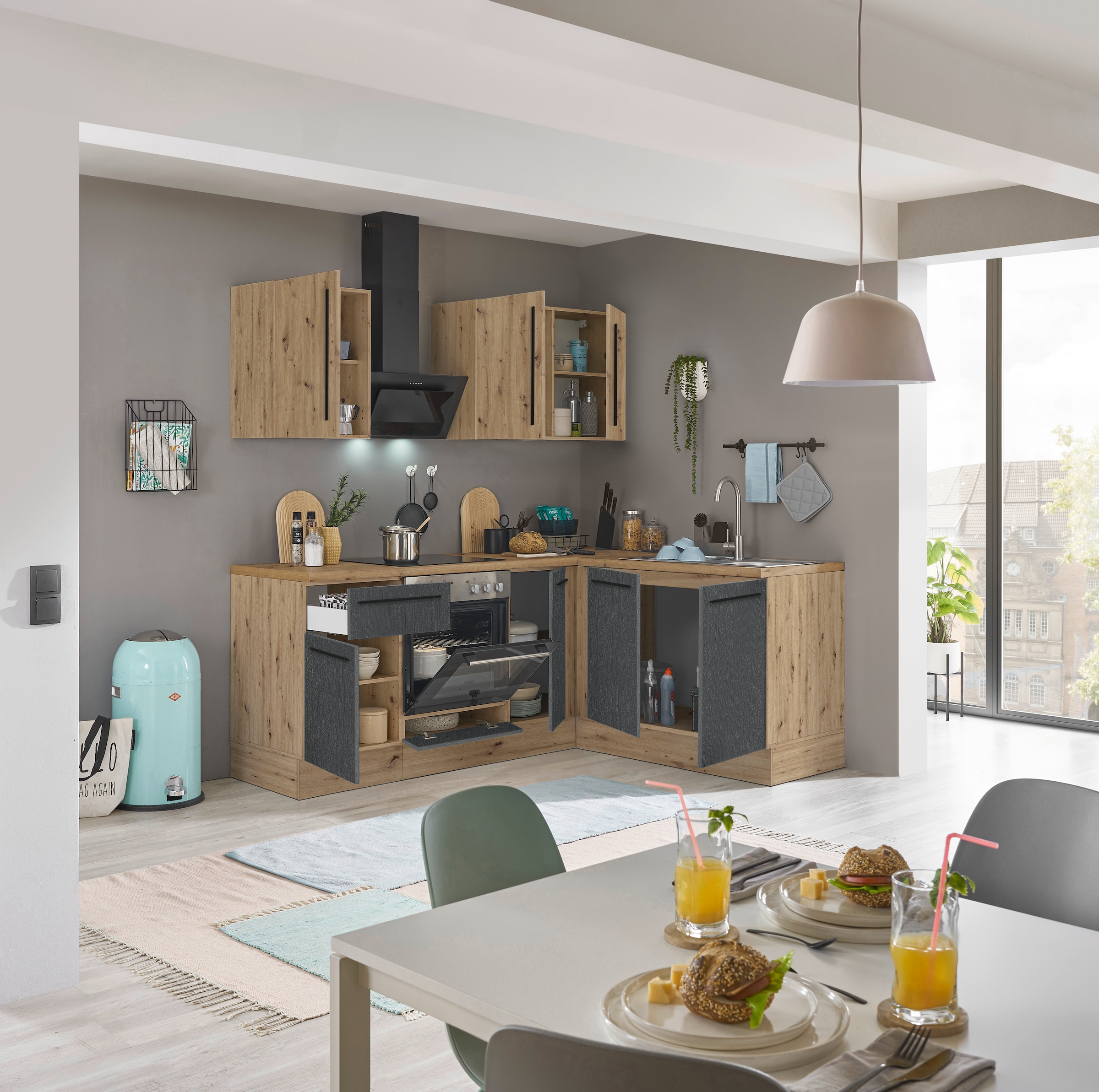 KOCHSTATION Winkelküche »Florida, Stellbreite 210x165 cm«, wahlweise mit E-Geräten, mit Softclose für Türen und Schubkästen
