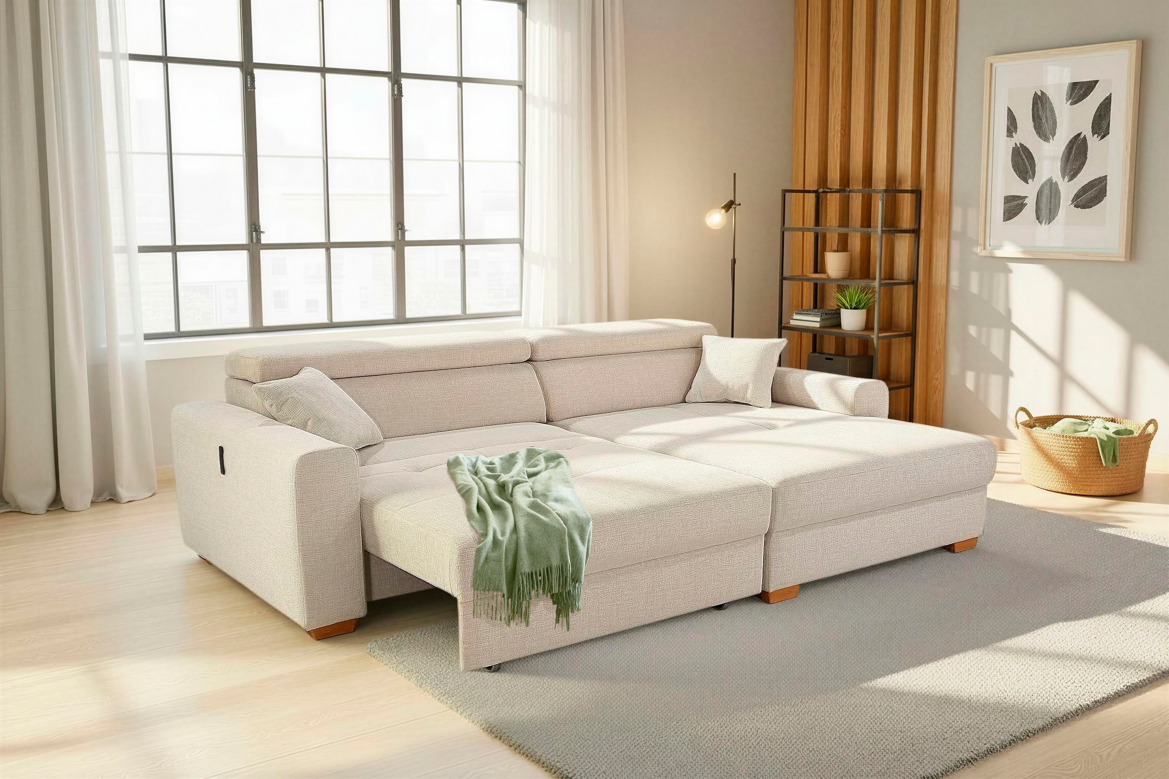 Jockenhöfer Gruppe Ecksofa »Slider L-Form, B: 277 cm Couch, 60cm elektrische Sitztiefenverstellung« 140kg Belastbarkeit, USB-Anschluss, Kopfteilverstellung & Zierkissen