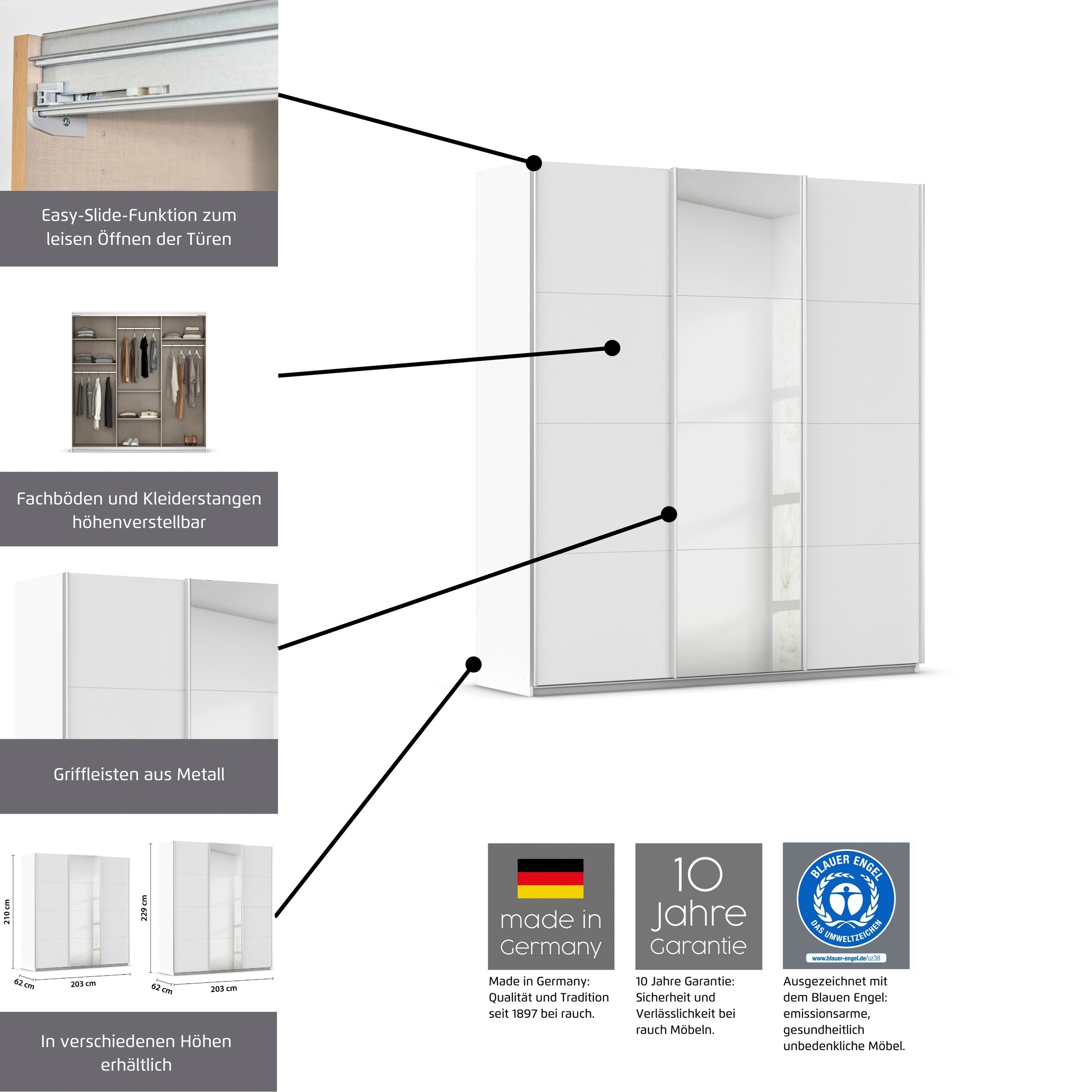 rauch Schwebetürenschrank »Kleiderschrank Schrank Garderobe AGORDO«, (in zwei Griff-Farben), Top Innenausstattung, in 4 Breiten und 2 Höhen MADE IN GERMANY