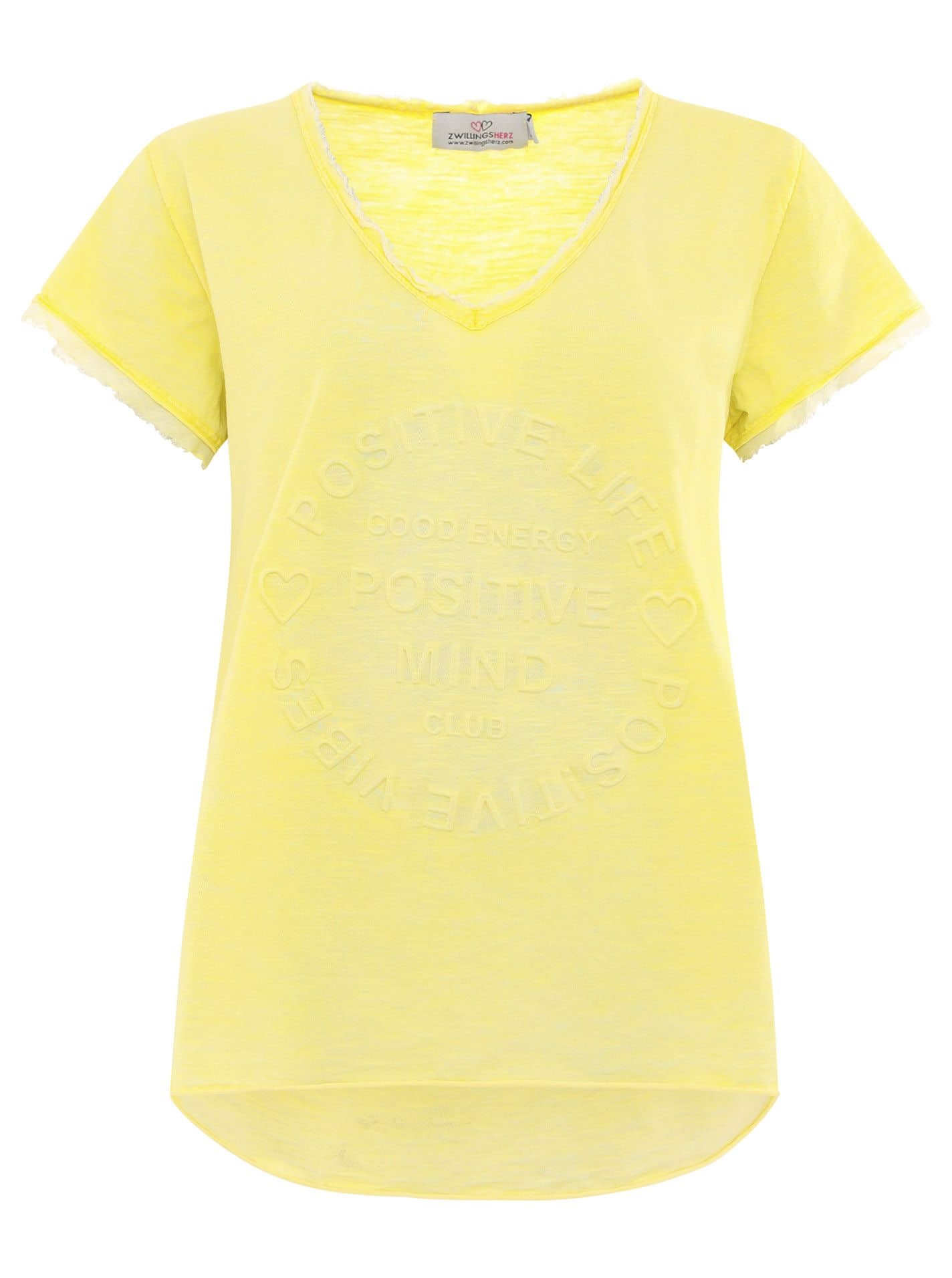 Zwillingsherz T-Shirt »"Positive Mind"« V-Ausschnitt, Kurzarm, Used-Look, Baumwolle, ausgefranste Kanten