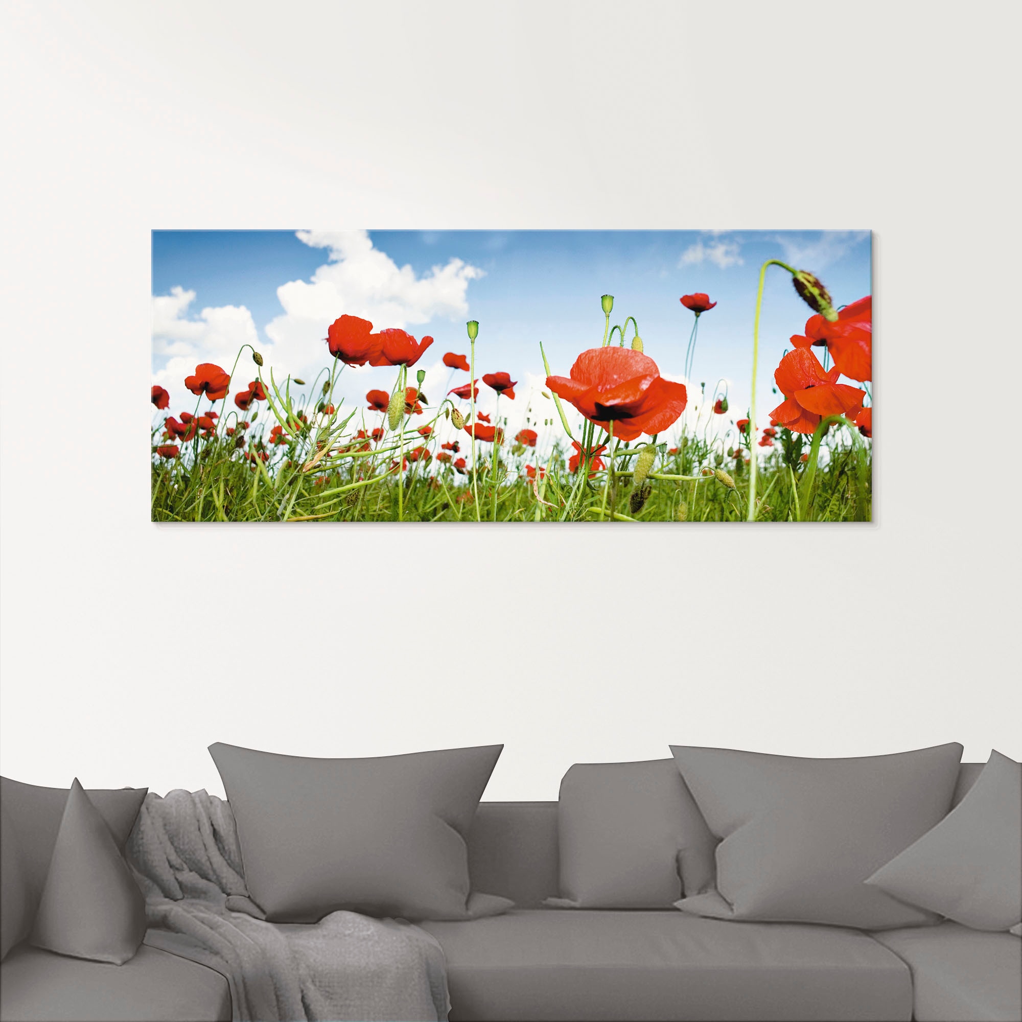 Artland Glasbild »Feld mit Mohnblumen unter Himmel«, Blumenwiese, (1 St.), in verschiedenen Größen