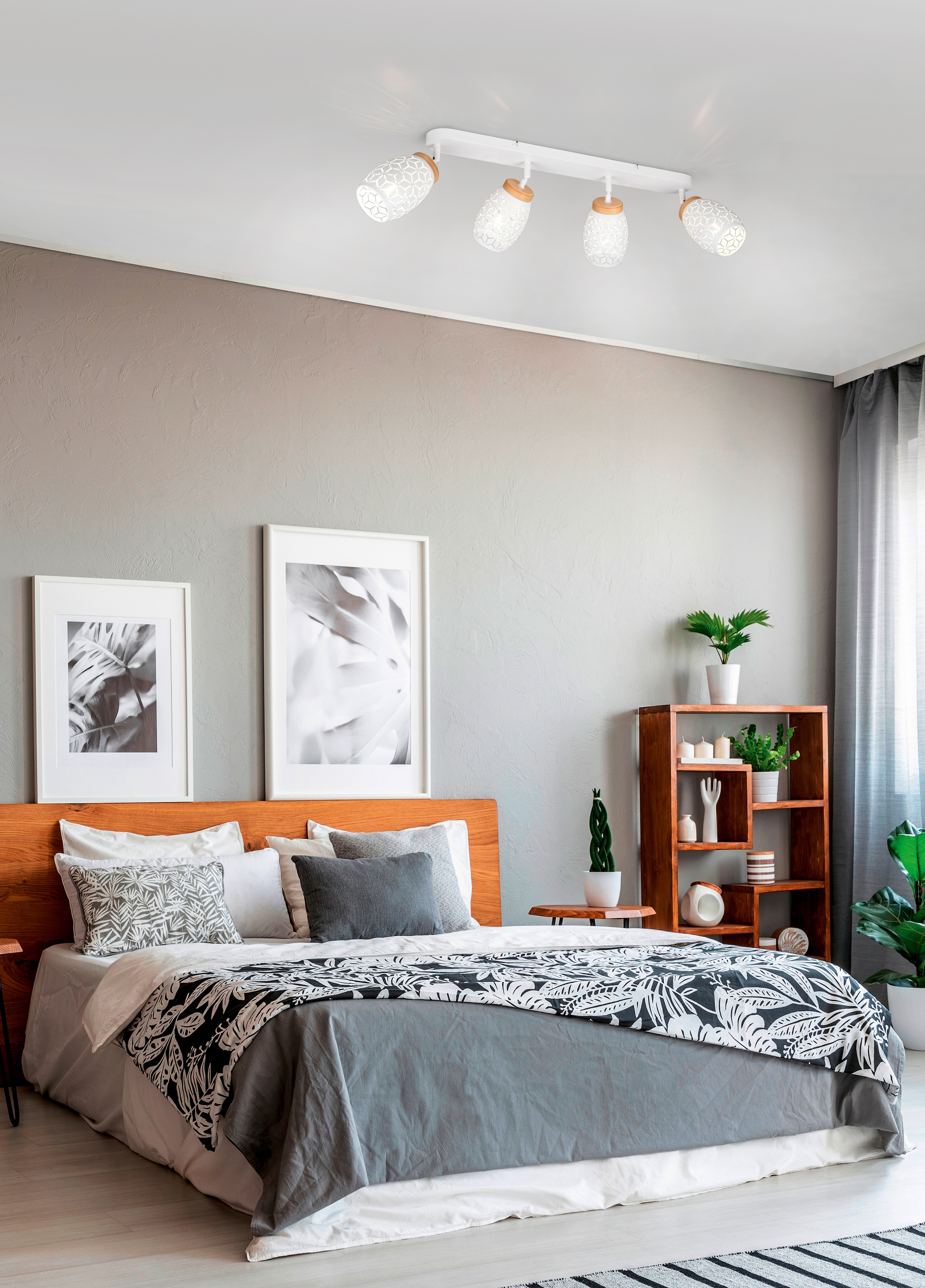 REALITY Leuchten Deckenstrahler »BIDAR 4-flammig, exkl 4x E14 max 10W, Deckenlampe Spots verstellbar« E14 1 Stk. warmweiß - kaltweiß Metall-Lampenschirm mit Lasercut Muster und Holz-Dekoelementen