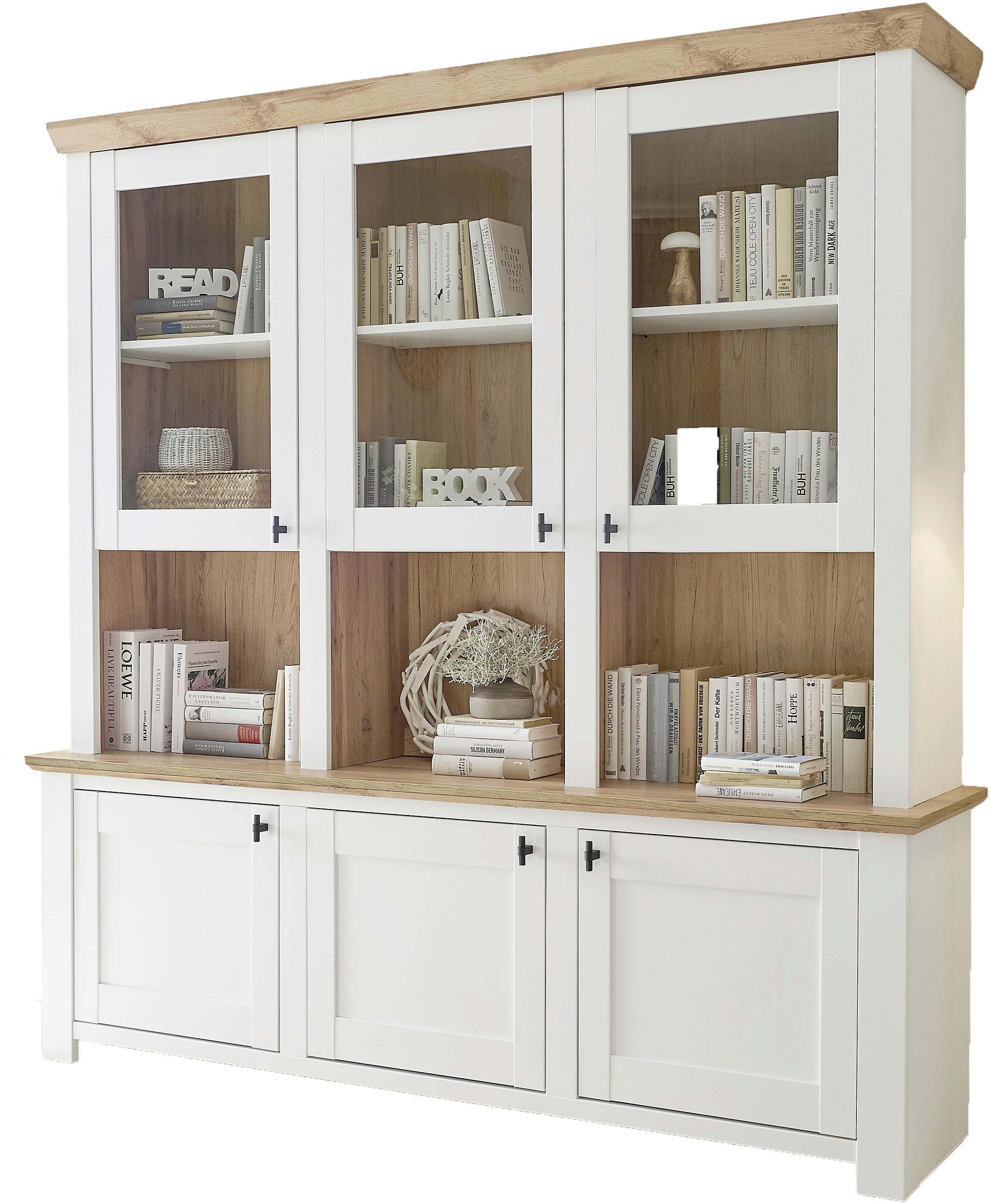 Home affaire Buffet »Bristol, Bücherschrank im Landhausstil, moderner Hochschrank« schwarze Metallgriffe, elegante Kranzoptik, ausreichend Stauraum