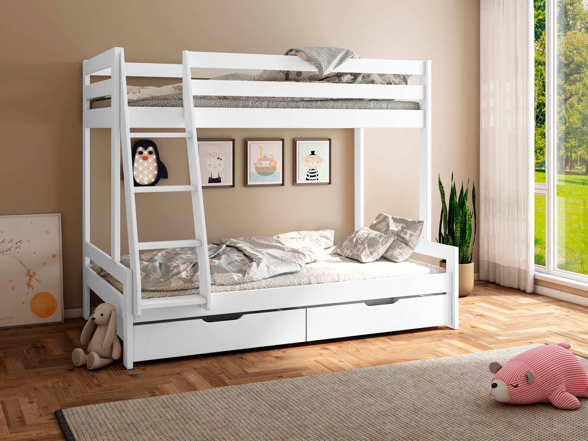 OTTO home Etagenbett »Doppelstockbett, Hochbett, "NORA" BESTSELLER!« Leiter beidseitig montierbar, mit Schubladen, zertifiziertes Massivholz, breite 