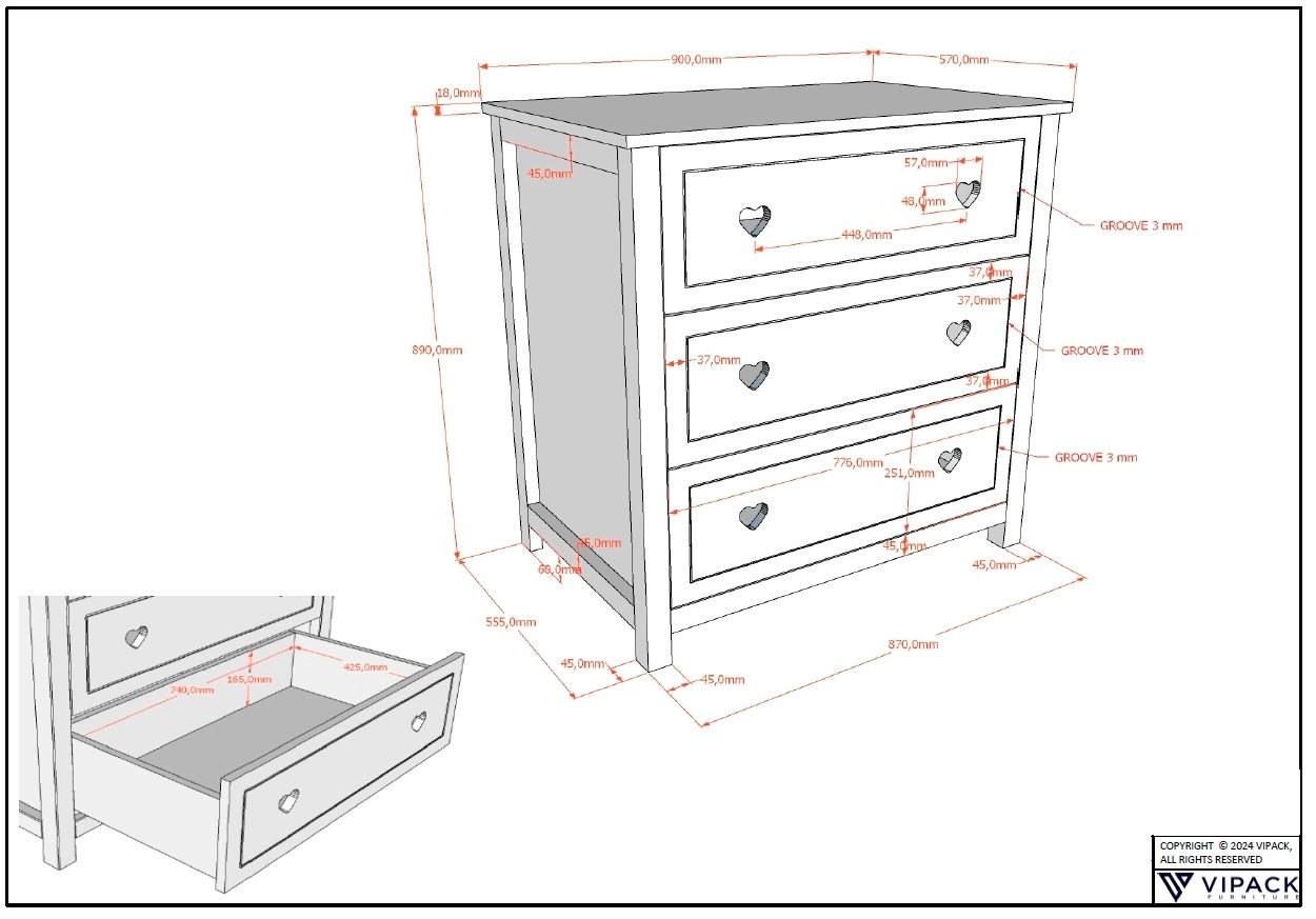 Vipack Babyzimmer-Komplettset »Amori 4-tlg. mit Herz-Ornamenten, MDF/Massiv weiß lackiert«, (4 tlg.)