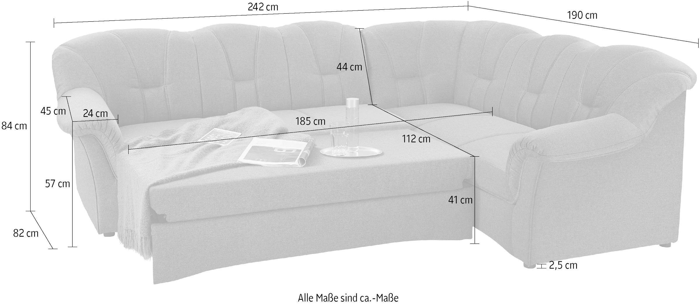 DOMO collection Ecksofa »Papenburg B/T/H: 242/190/84 cm L-Form«, wahlweise mit Bettfunktion, Langer Schenkel links oder rechts