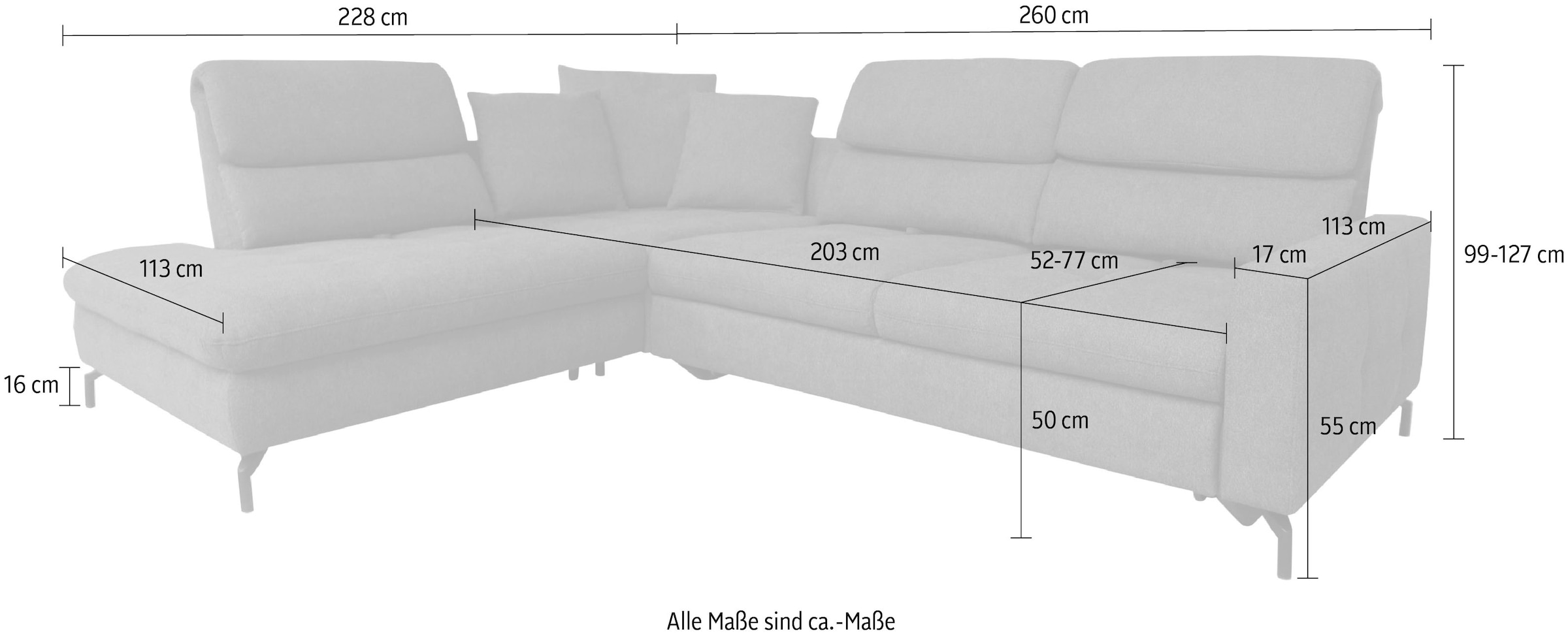 alina Ecksofa »Louis«, Breite 260 cm, Rückenlehnenverstellung, wahlweise mit Bettfunktion