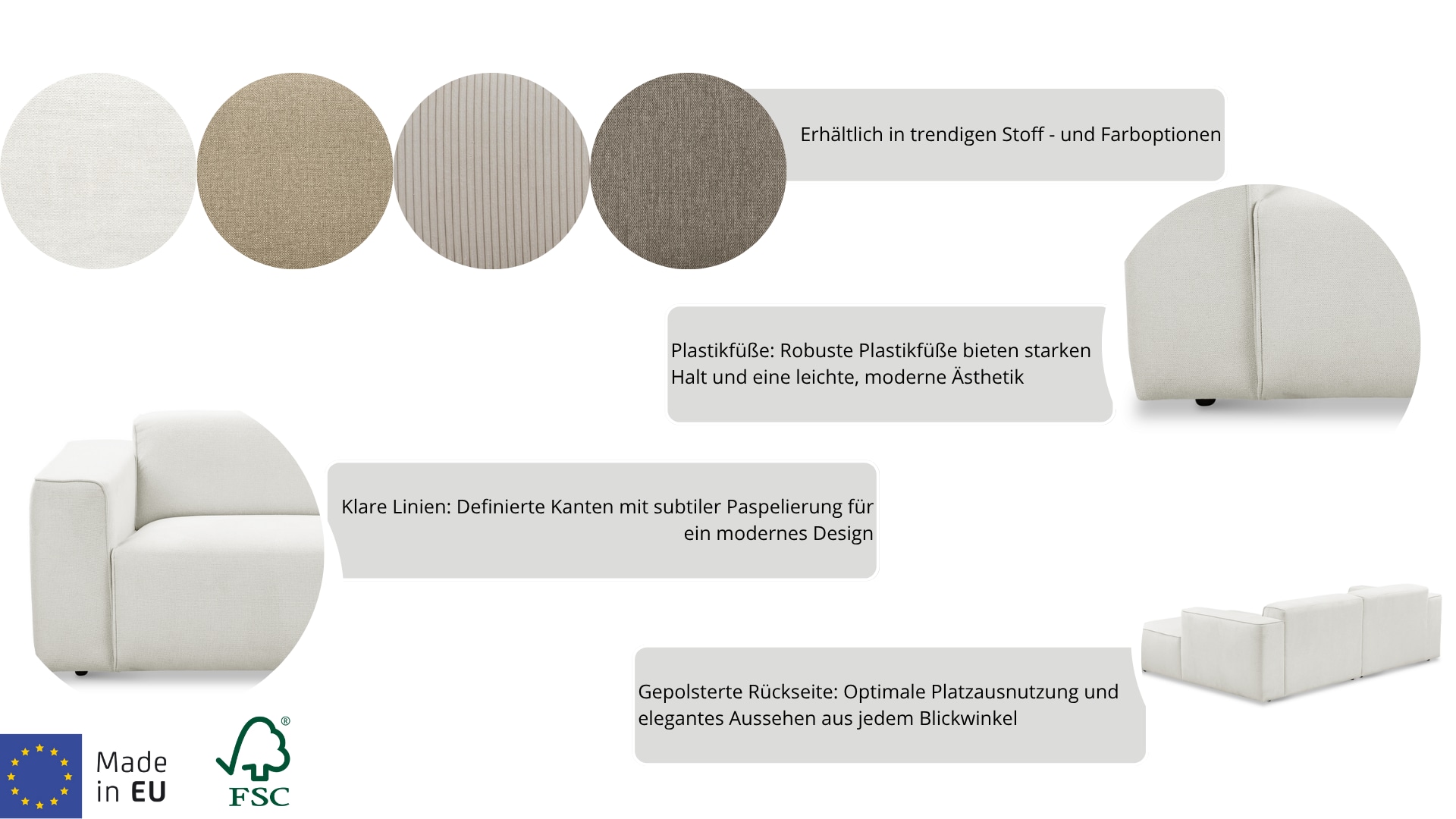 andas Ecksofa »Noord mit Kedernaht, Breite 227 cm«, Cord, Struktur, Webstoff, mit Wellenunterfederung, Massivholzrahmen
