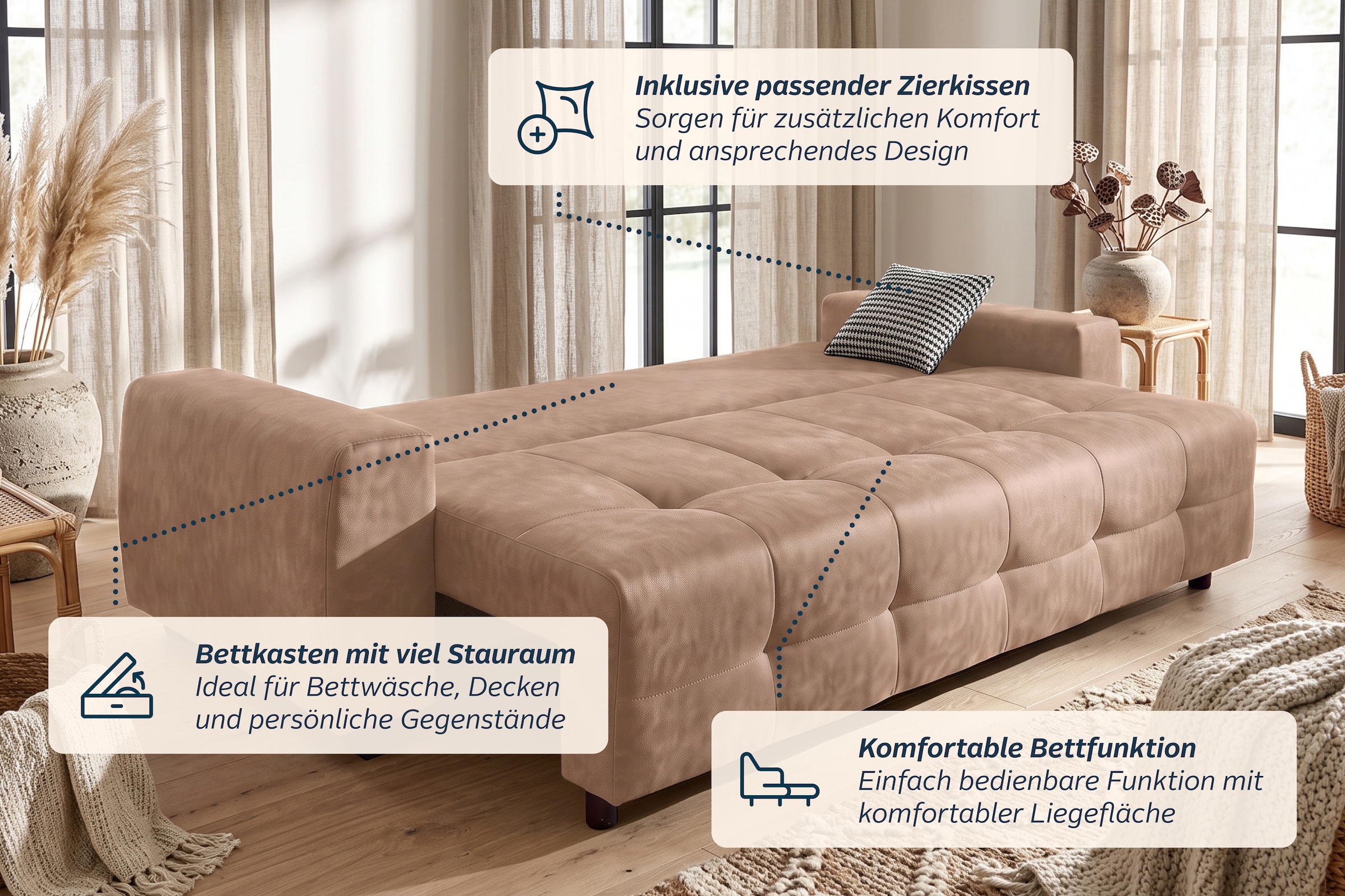 OTTO home Schlafsofa »Bella B: 241 cm, Liegefl. 142x194 cm mit Bettkasten & Zierkissen« Schlafcouch mit Gästebett, 2 Zierkissen inklusive, frei stellbar