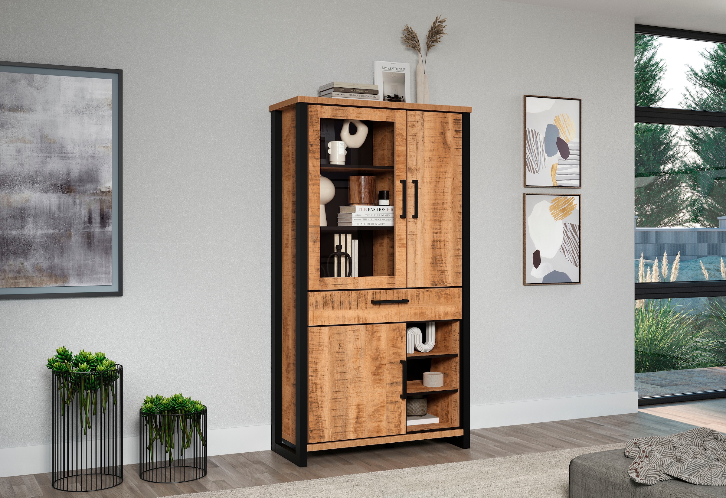 Home affaire Vitrine »Elda« 1 Stk. tlg. Vitrine mit 3 Türen & 1 Vollauszug Schublade - (B/T/H) 106/45/195 cm